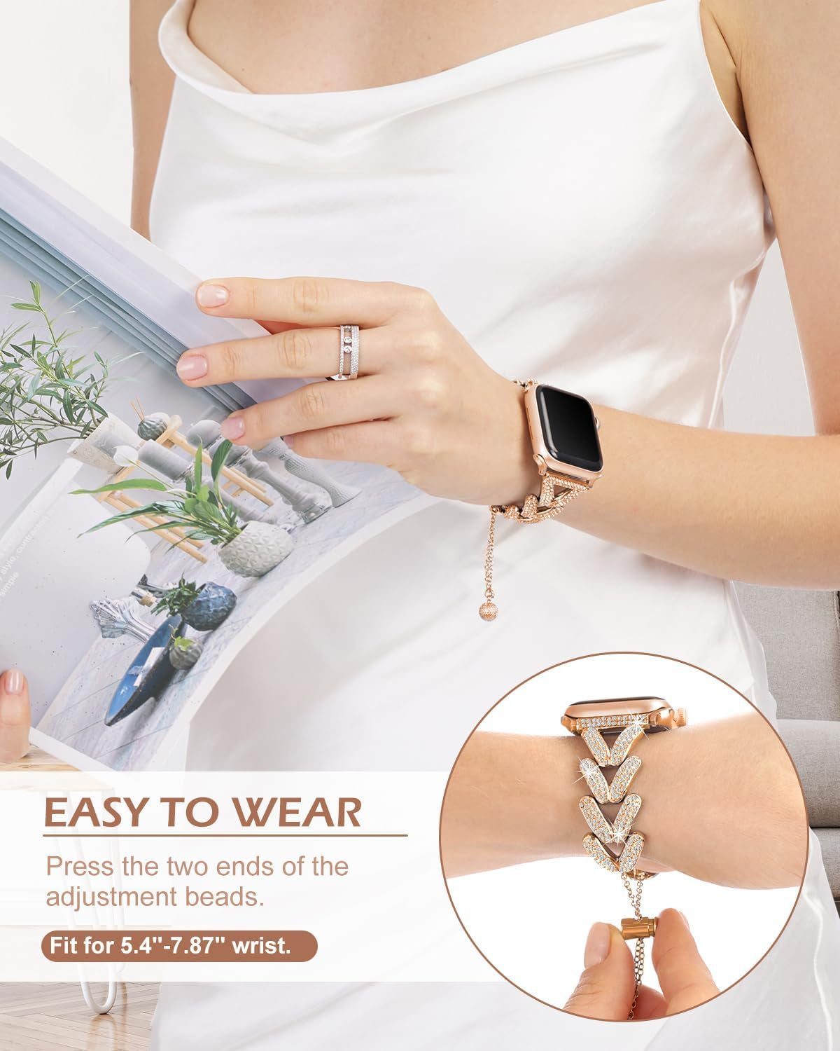 Compatible with Apple Watch Band 44Mm Women Bling Diamond Jewelry Metal Strap, V-Shape Shiny Bracelet Stainless Steel Wristband for Iwatch 42Mm 45Mm 49Mm Series 8/7/6/5/4/3/2/1/SE Rose Gold