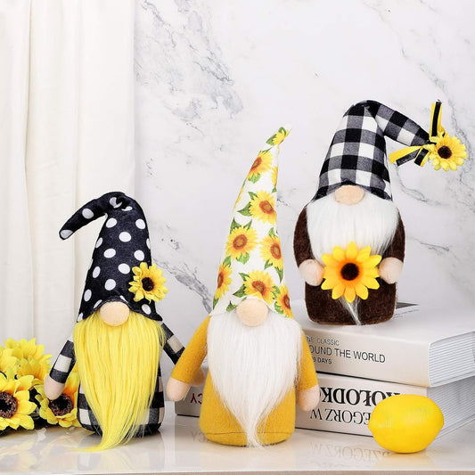 3 Pieces Fall Sunflower Swedish Gnomes Decor Sunflower Buffalo Plaid Rustic Tiered Tray Decorations Plush Tiered Tray Gnomes Ornaments for Home Garden Kitchen Decor