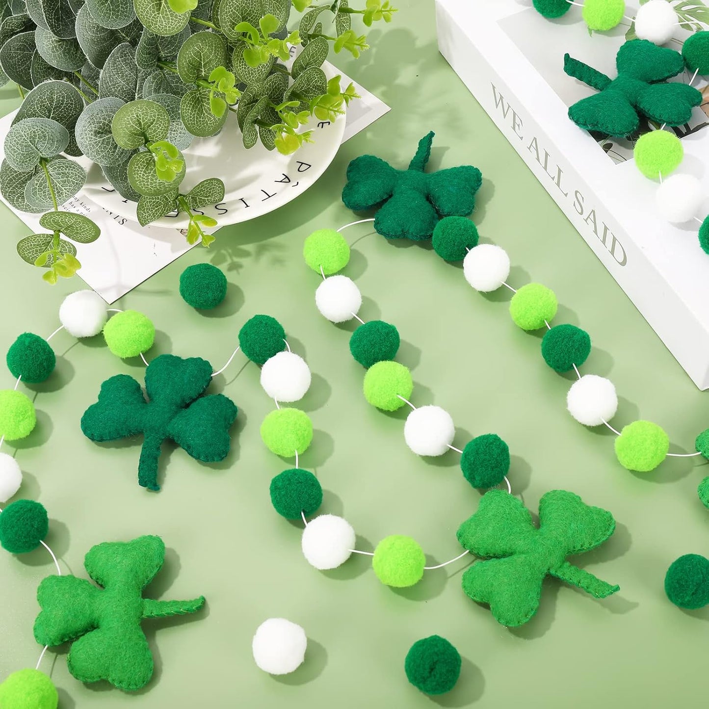 8.2Ft St. Patrick'S Day Felt Pom Pom Banner Lucky Shamrock Garland Green White Pom Ball Clover Decorative Irish Hanging Bunting Garland for St. Patrick'S Day Home Mantel Wall Decor