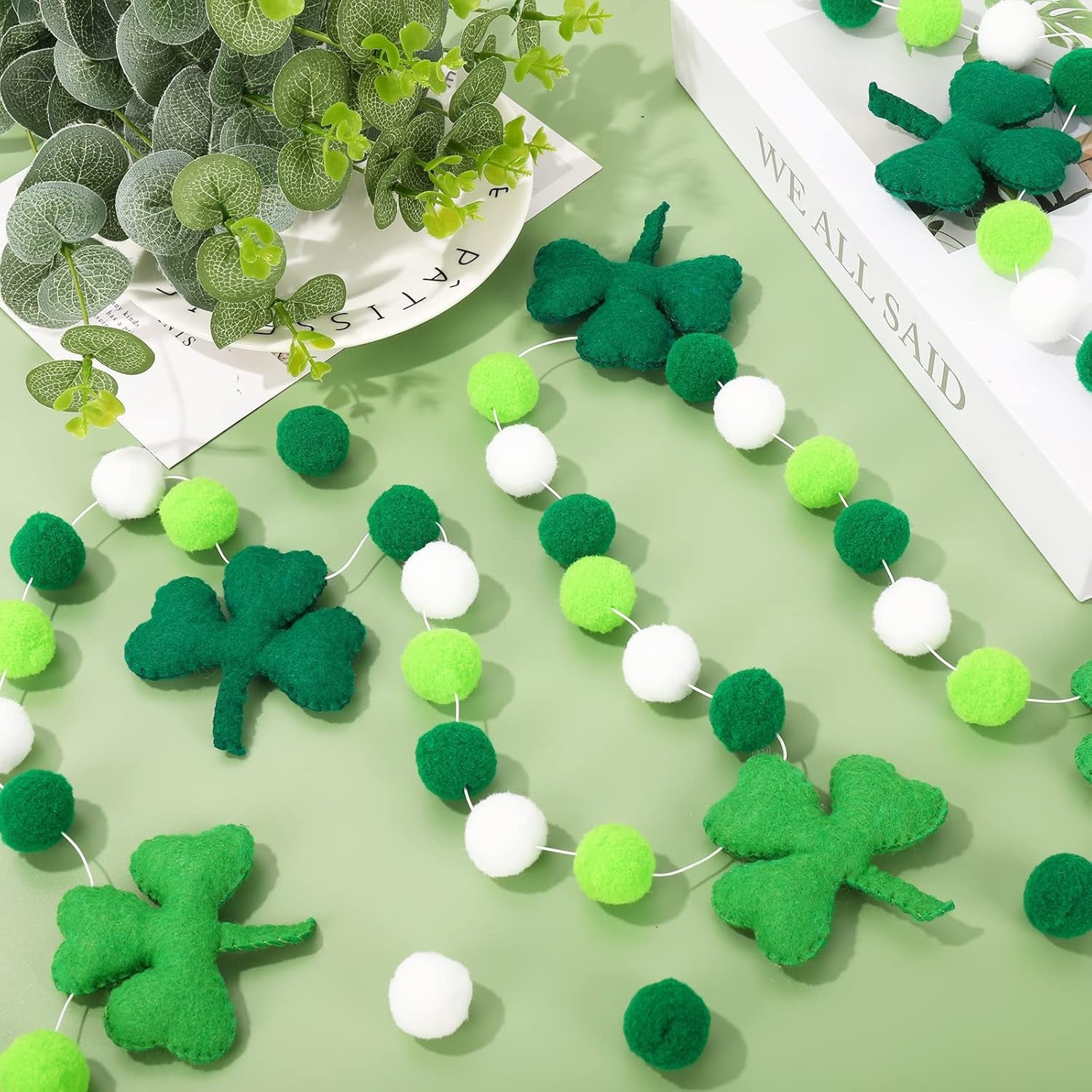 8.2Ft St. Patrick'S Day Felt Pom Pom Banner Lucky Shamrock Garland Green White Pom Ball Clover Decorative Irish Hanging Bunting Garland for St. Patrick'S Day Home Mantel Wall Decor