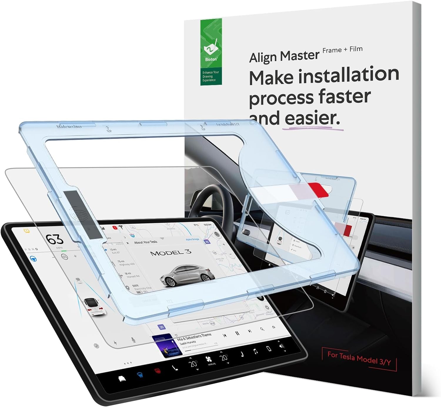 Nano-Texture Glass Screen Protector Designed for Tesla Model 3 (2023-2017) / Tesla Model Y (2024-2020) Center Control Touchscreen [Automatic Alignment] [Anti Glare] [9H Hardness]