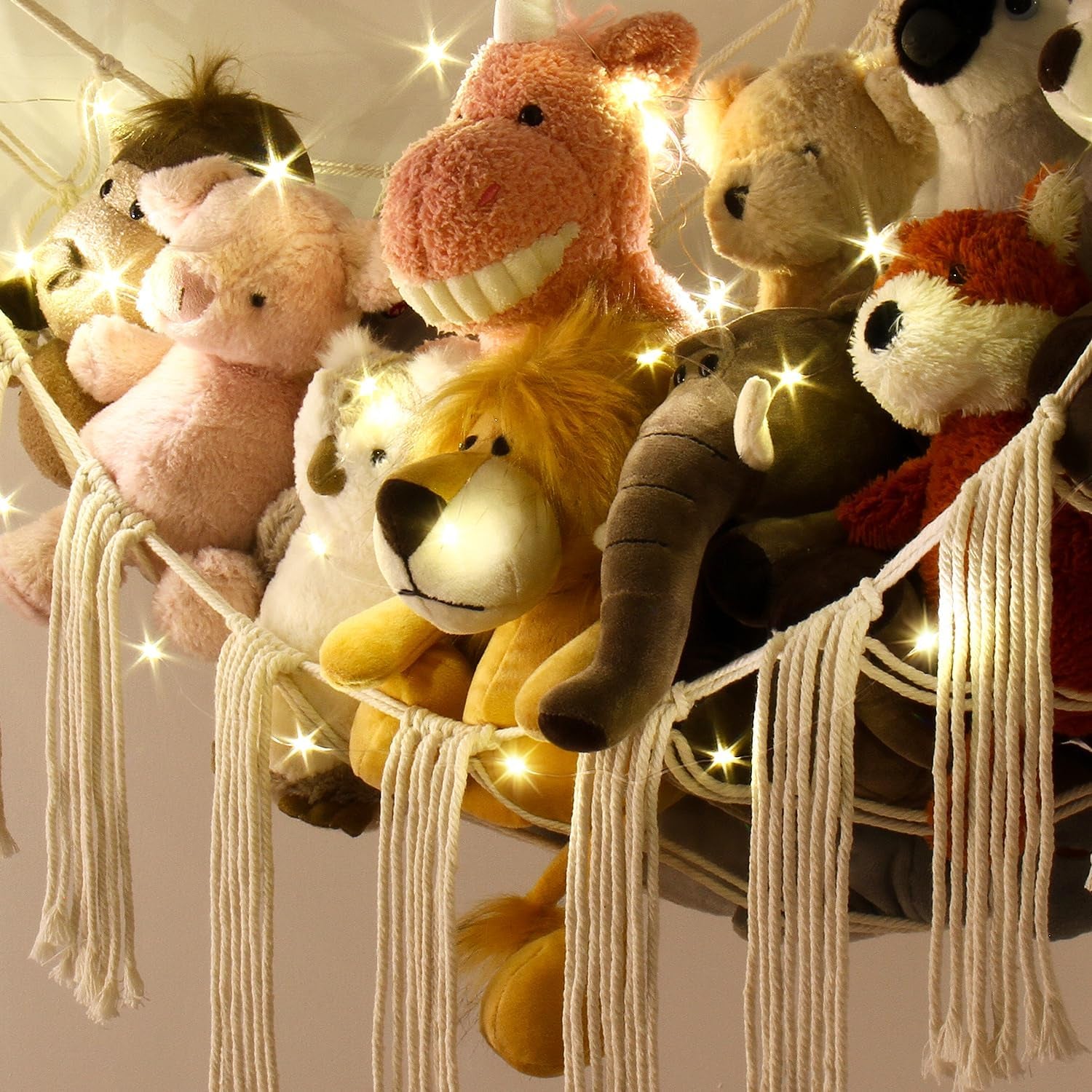 Stuffed Animal Hammock Corner with LED Light - Toy Storage Hammock Plushie Net Large - Cute Stuff Animals Holder Hanging Organizer - Baby Room Decor Kids Toddler Nursery Bedroom Boho
