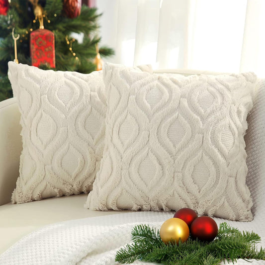Christmas Decorative Throw Pillow Covers 18X18, Soft Plush Faux Wool Couch Pillow Covers for Home, Set of 2, Beige