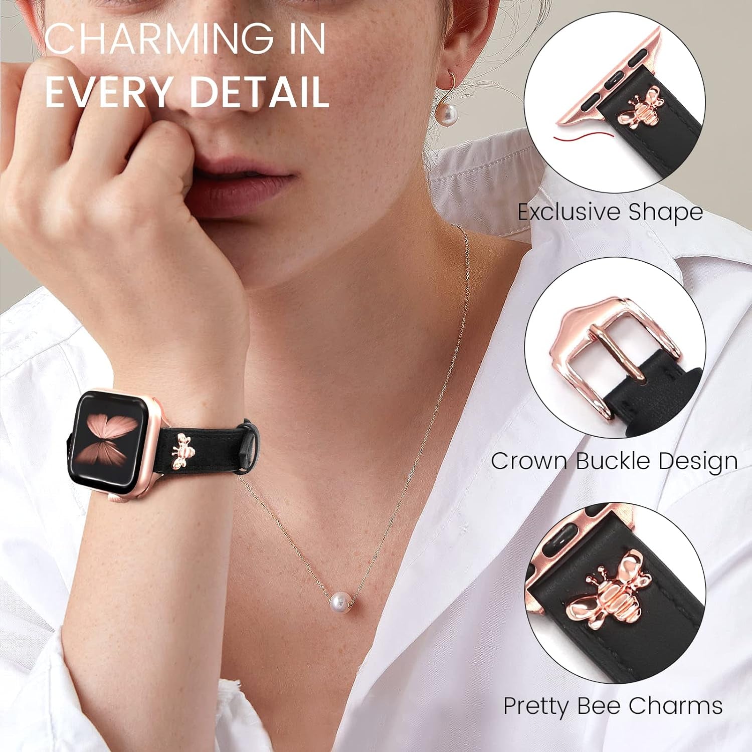 Elegant Slim Leather Bands Compatible with Apple Watch Band 38Mm 40Mm 41Mm 42Mm 44Mm 45Mm 49Mm, Designer Top Grain Black Leather Watch Band with Charms, Feminine Design for Ultra SE & Series 8 7