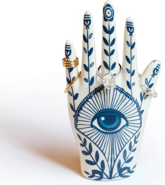 Hamsa Ring Holder Aesthetic Room Decor, Hamsa Hand with Blue Evil Eye Boho Decor Ring Stand Ring Organizer, Preppy Room Decor for Bathroom Bedroom, Hamsa Gifts for Women Home Decor