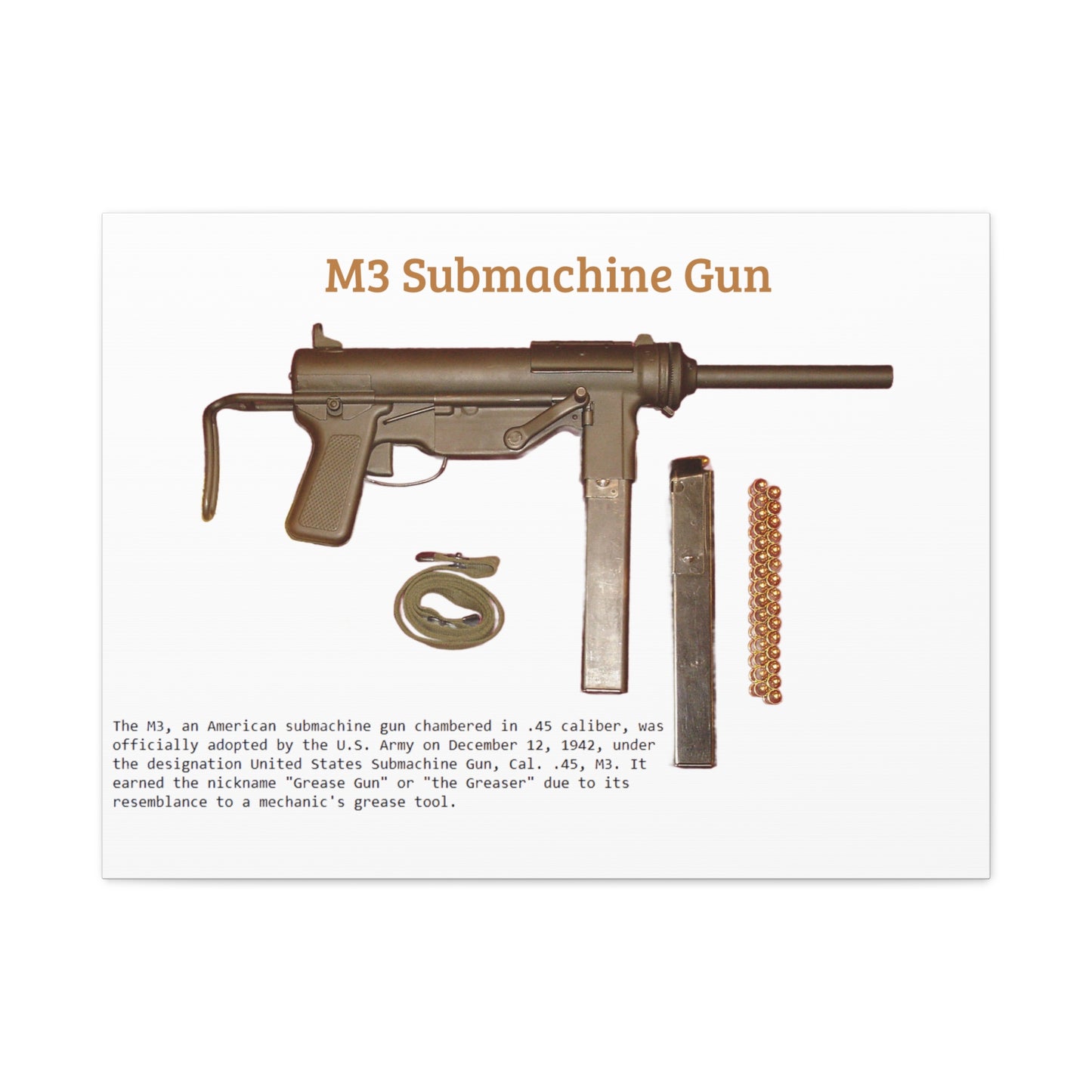 Grease Gun M3 submachine gun Matte Canvas, Stretched, 1.25"