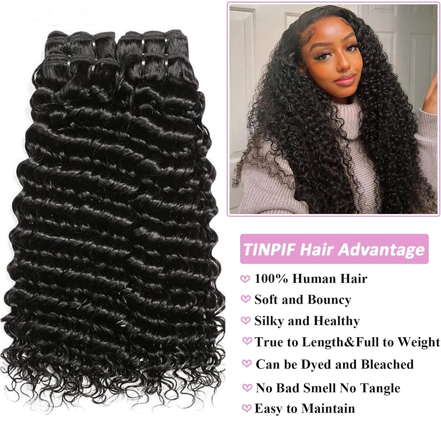 Deep Wave Human Hair Bundles 4 Bundles 16 18 20 22 Inch Curly Bundles Human Hair 100% Unprocessed Virgin Hair Water Wave Bundles Wet and Wavy Bundles Double Weft Thick and Full Natural Black
