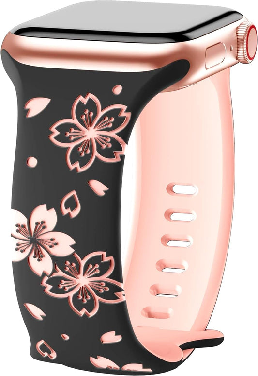 Designer Floral Engraved Band Compatible with Apple Watch Bands 40Mm 38Mm 41Mm 44/45/42Mm,Two-Tone Flower Soft Silicone Sport Strap for Iwatch Series 9 Ultra SE 8 7 6 5 4 3 2 Women Black