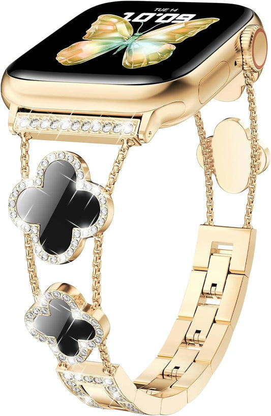 Bling Womens Band Compatible with Apple Watch Band 40Mm 41Mm 38Mm Series 9 8 7 6 5 4 3 2 1 SE, Sparkle Diamond Replacement Bracelet Wristband, Cute Lucky Clover Dressy Iwatch Band,Gold/Black