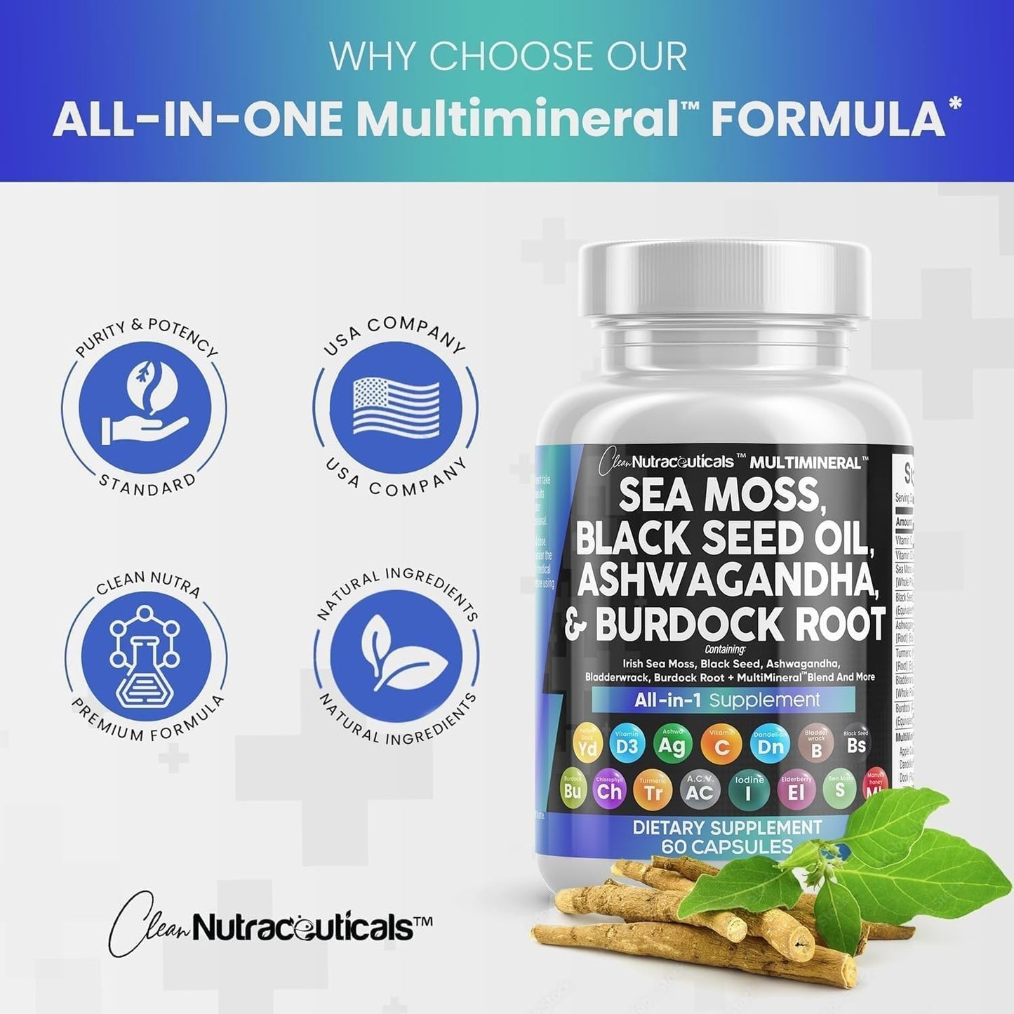 Sea Moss Black Seed Oil Ashwagandha Turmeric Bladderwrack Burdock & Vitamin C Vitamin D3 with Elderberry Manuka Dandelion Yellow Dock Iodine Chlorophyll ACV TLBH