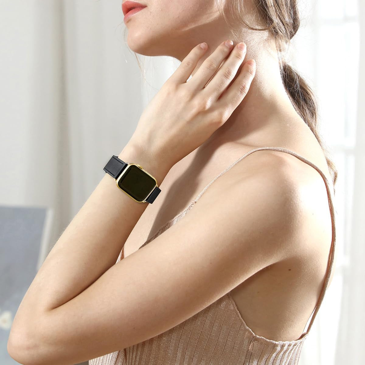 Leather Bands Compatible with Apple Watch Band 38Mm 40Mm 41Mm 42Mm 44Mm 45Mm 49Mm,Genuine Leather Strap Compatible for Women Men Iwatch SE Ultra Series(Black/Gold)
