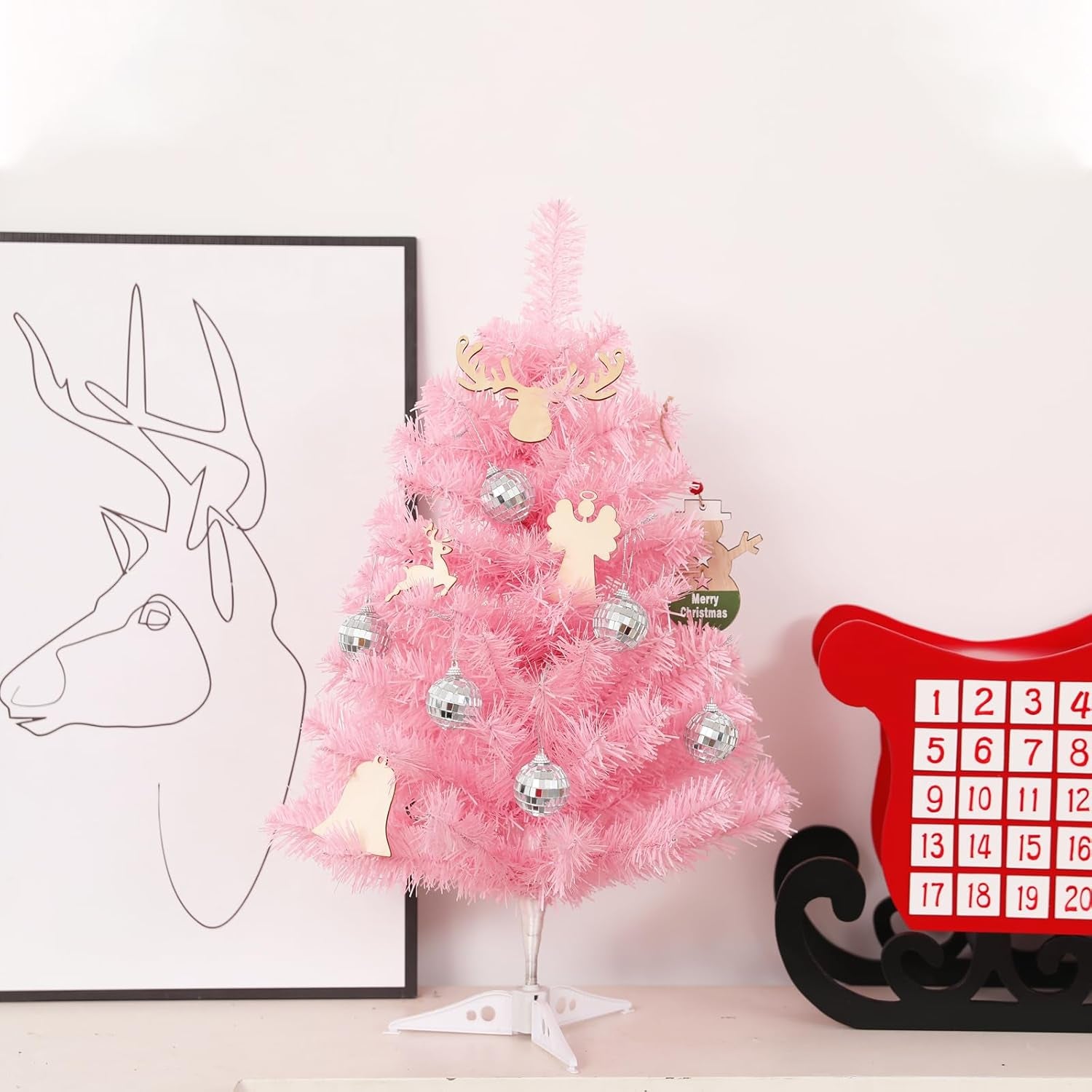 2FT Artificial Christmas Tree Pink Tabletop Christmas Tree with Plastic Stand Mini Xmas Pine Tree for Party Supplies Indoor Outdoor Holiday Home Decoration