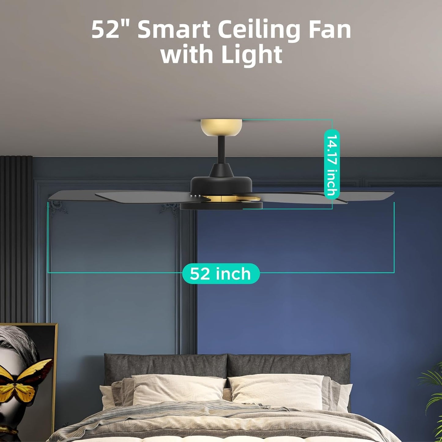 Ceiling Fans with Lights,Ultra Silent 52 Inch Smart Ceiling Fans with Dimmable LED Light Compatible with Google Home Alexa App Control(Black Gold