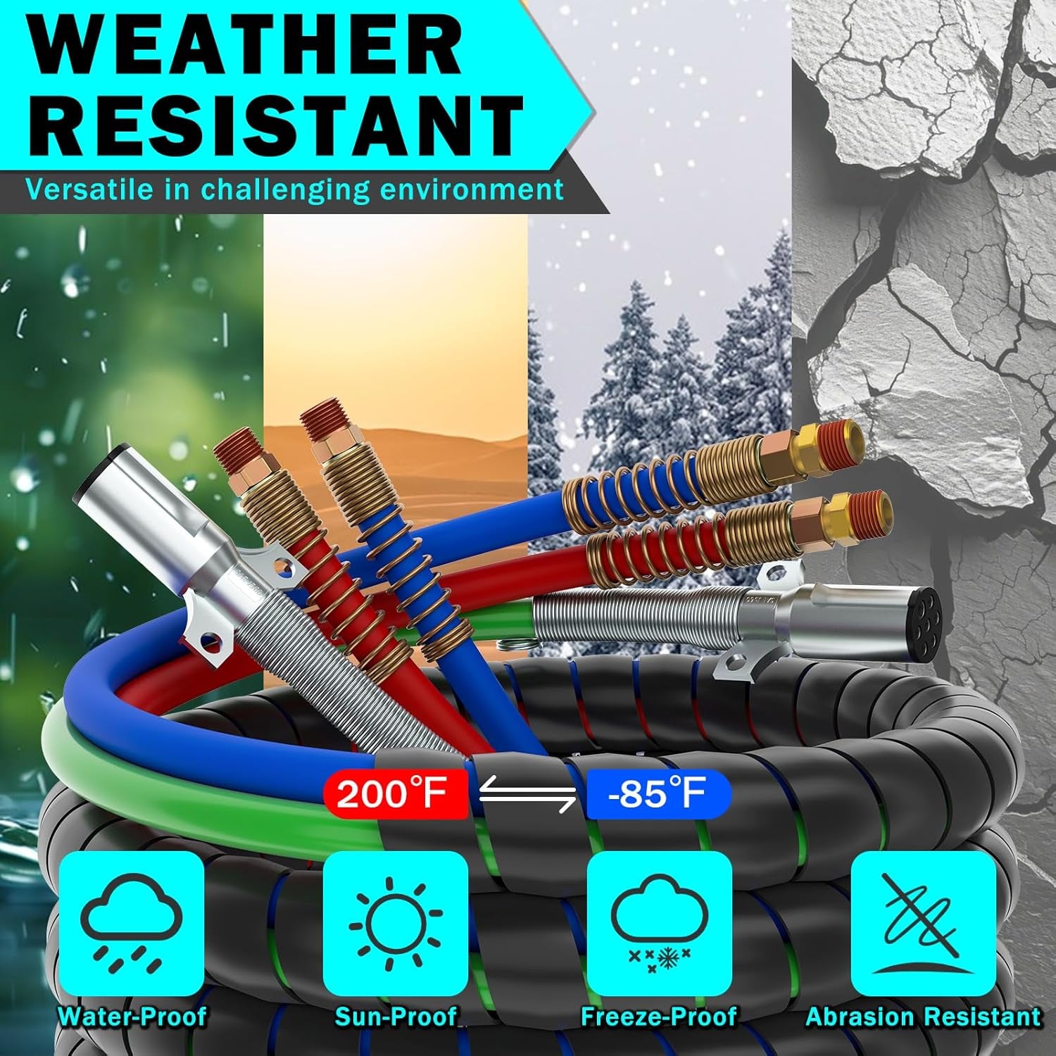 15FT Semi Truck Air Line Kit with Gladhand Holder and Springs Kit Red & Blue Air Brake Hoses and 7 Way Trailer Cord 3-In-1 Air Lines Set for Semi Truck Trailer Tractor