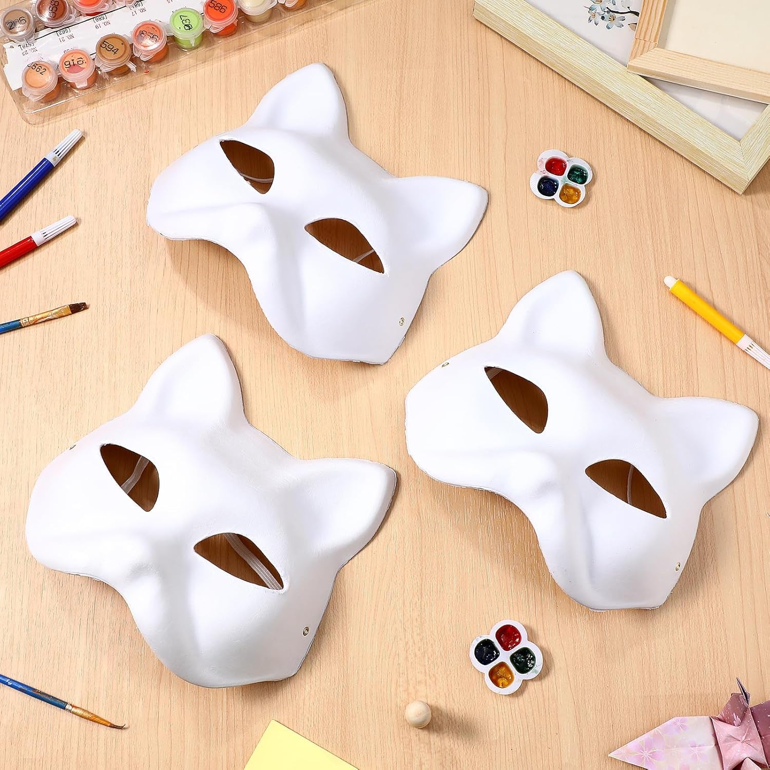Cat Masks Therian Mask Animal Mask Halloween Mask White Cat Mask Hand Painted Face Mask Cosplay Costume with Elastic Band 3 Pack