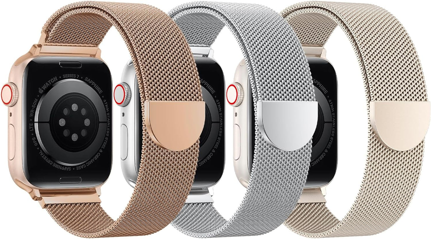 3 Pack Mesh Loop Compatible with Apple Watch Band Women Men 38Mm 40Mm 41Mm 42Mm 44Mm 45Mm 49Mm Series Ultra SE 9 8 7 6 5 4 3 2 1, Stainless Steel Metal Strap Magnetic Clasp for Iwatch Bands