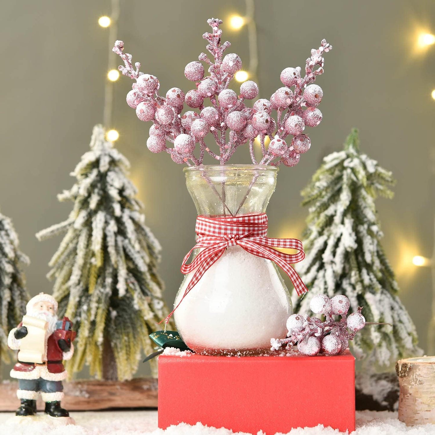 16 Pack Christmas Glitter Berries Stems, 8" Artificial Christmas Picks Snowy Berry Stems for Christmas Tree Ornaments, DIY Xmas Wreath, Crafts, Holiday and Home Decor (Pink)