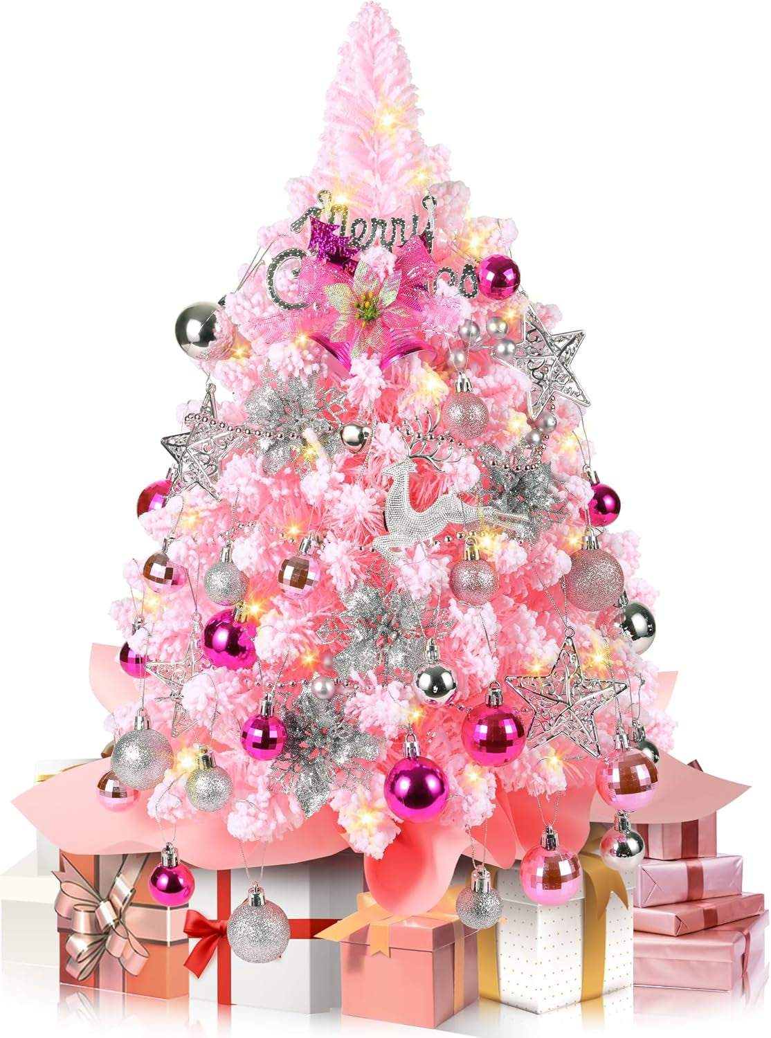 2FT Mini Flocked Pink Christmas Tree, Small Christmas Tree with Lights, Prelit Tabletop Christmas Tree with 100 Branch Tips and 40+ DIY Ornaments, Christmas Decorations Indoor and Gifts for Men Women