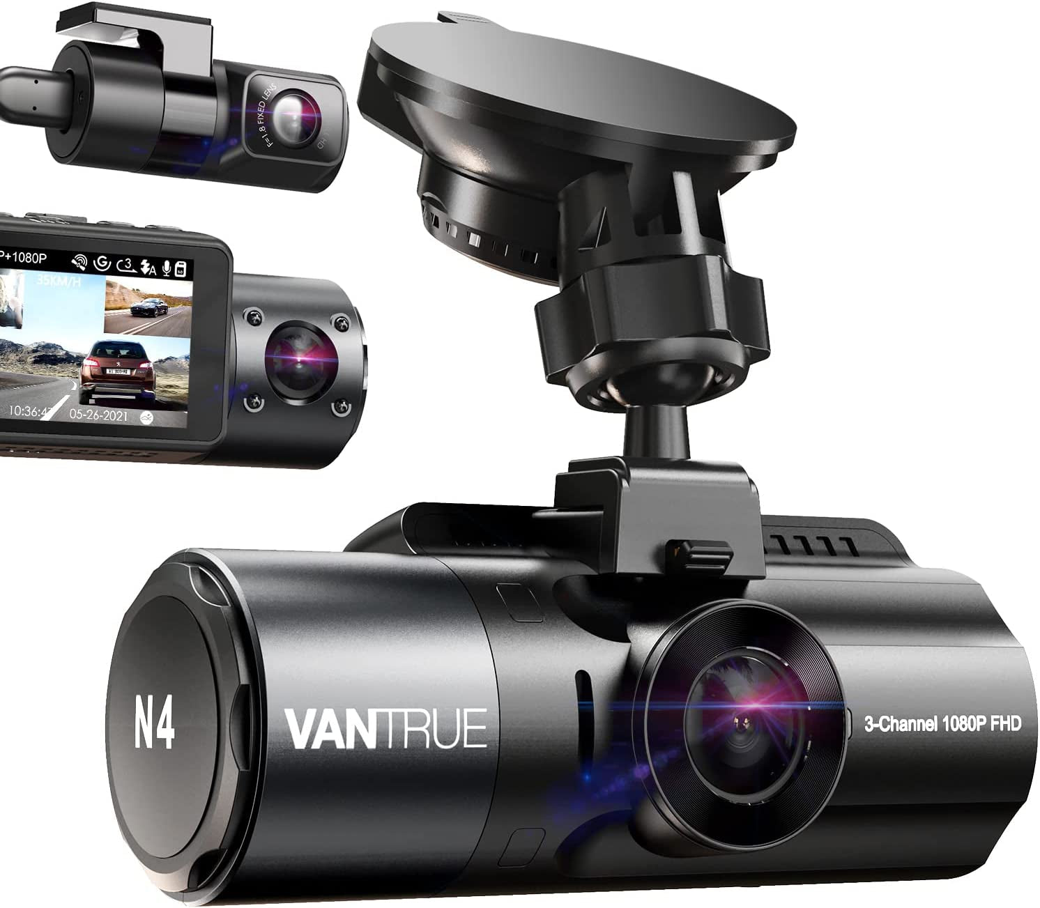 N4 3 Channel Dash Cam, 4K+1080P Front and Rear, 1440P+1440P Front and Inside, 1440P+1440P+1080P Three Way Triple Car Camera, IR Night Vision, 24 Hours Parking Mode, Support 256GB Max