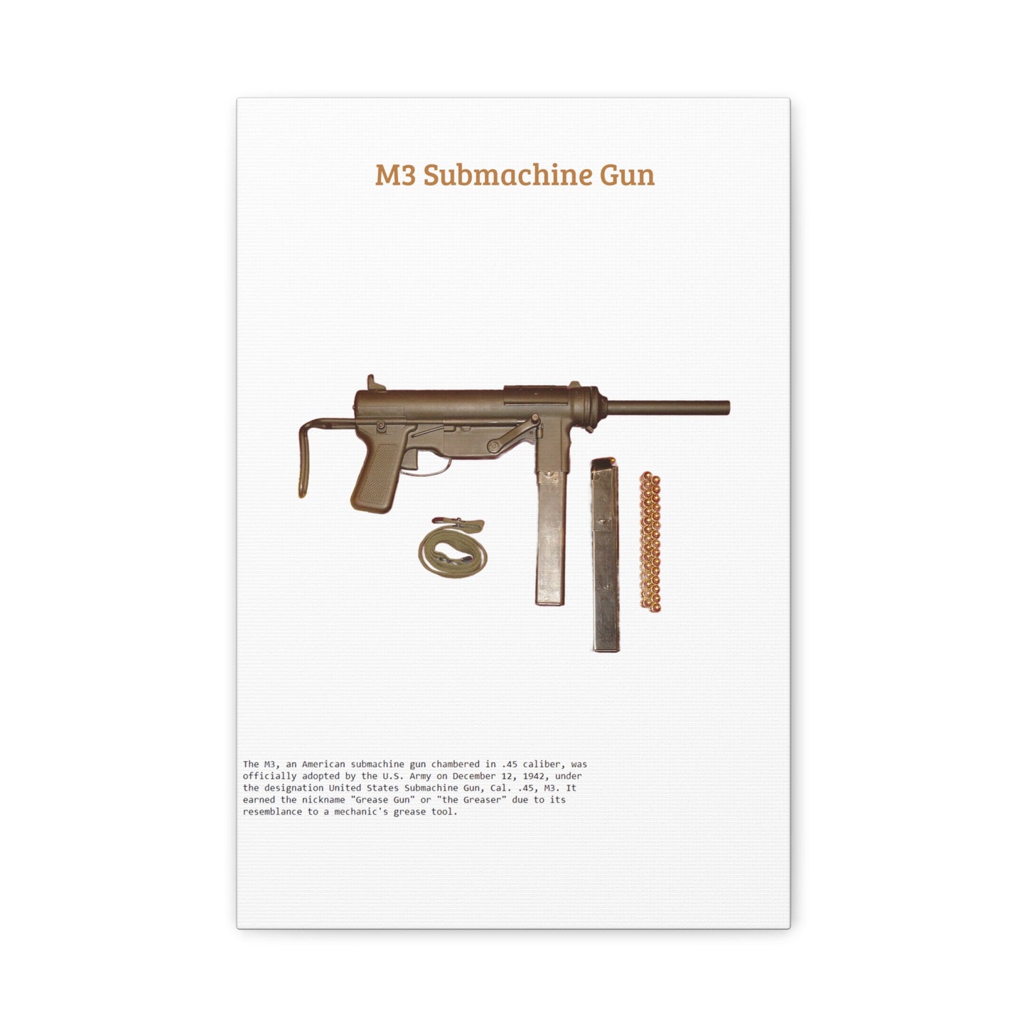 Grease Gun M3 submachine gun Matte Canvas, Stretched, 1.25"