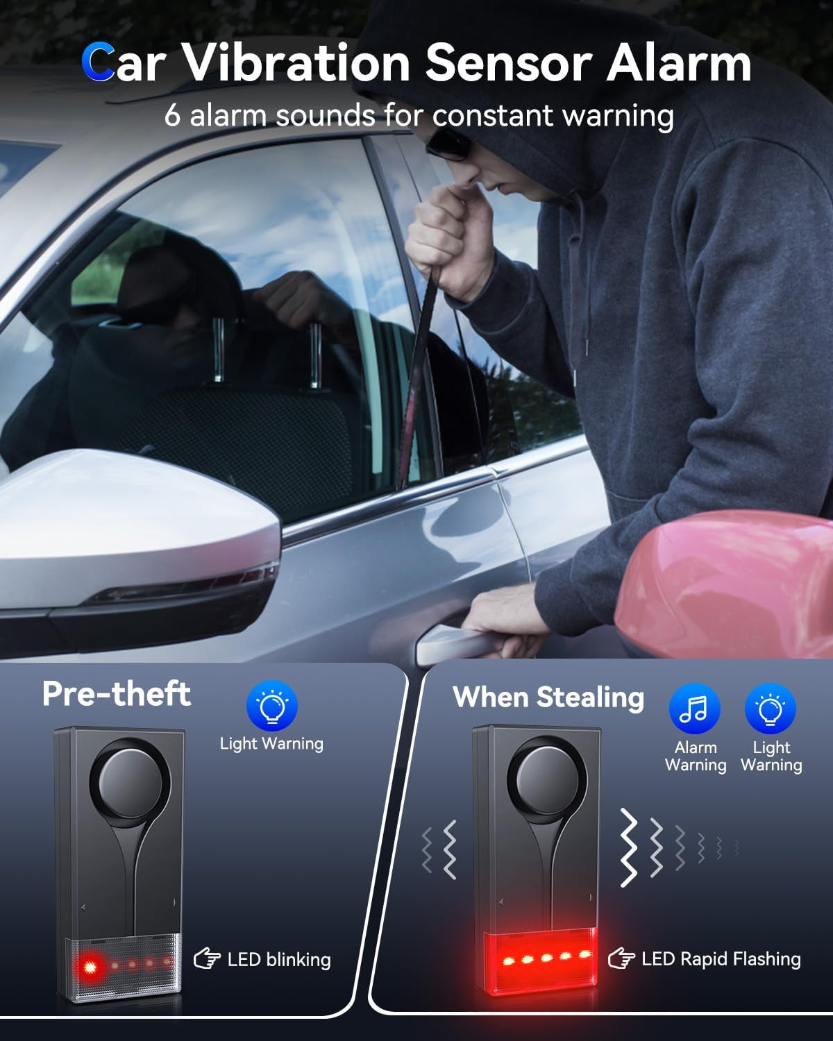 108Db Car Alarm System, Car Anti-Theft Vibration Sensor Alarm & Red Light Alarm, Wireless Remote anti Theft Car Device with Magnetic Install Design for Car, Truck (2 Alarm)