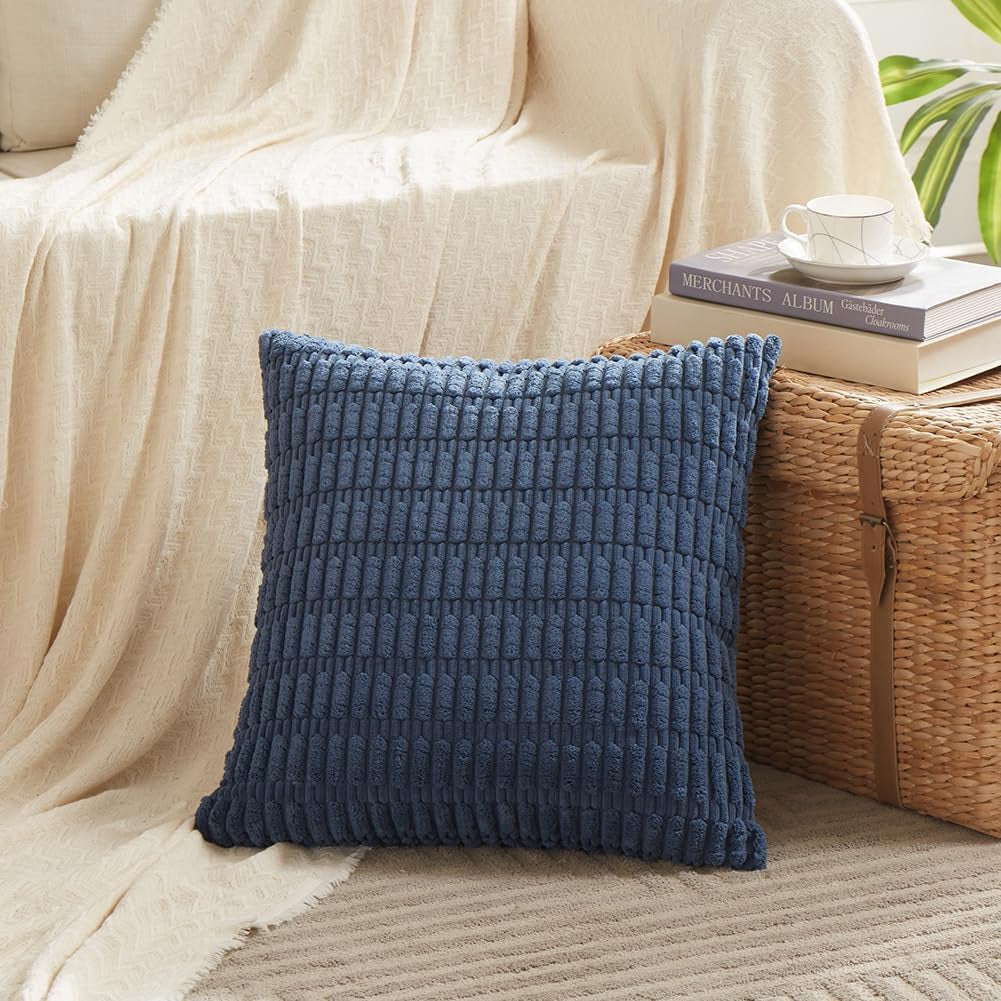 4 Packs Dusty Blue Decorative Throw Pillow Covers 18X18 Inch for Living Room Couch Bed Sofa, Rustic Farmhouse Boho Home Decor, Soft Plush Striped Corduroy Square Cushion Case 45X45 Cm