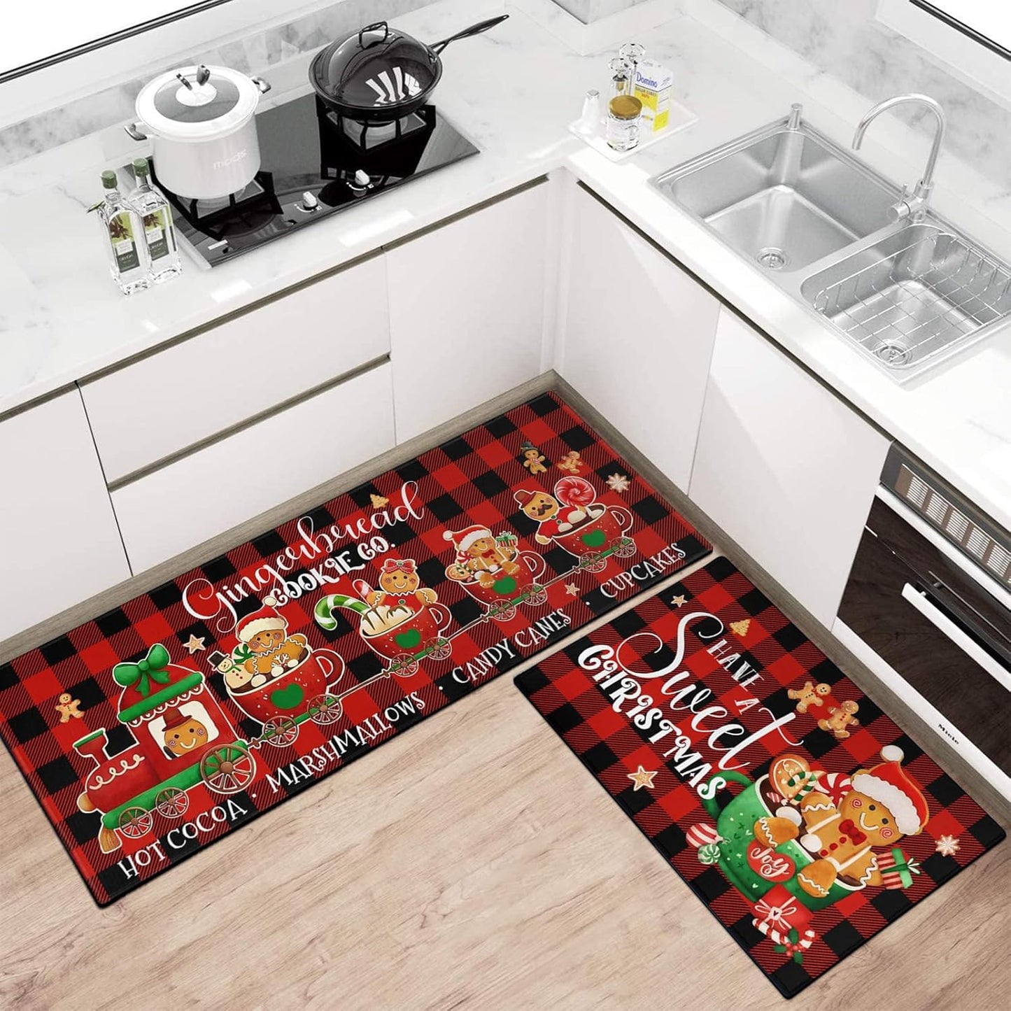 Merry Christmas Kitchen Rugs and Mats Set of 2,Buffalo Plaid Gingerbread Hot Cocoa Xmas Winter Holiday Sink Floor Mat Non Skid Washable for Home Farmhouse Christmas Decor 17"X47"+17"X30"