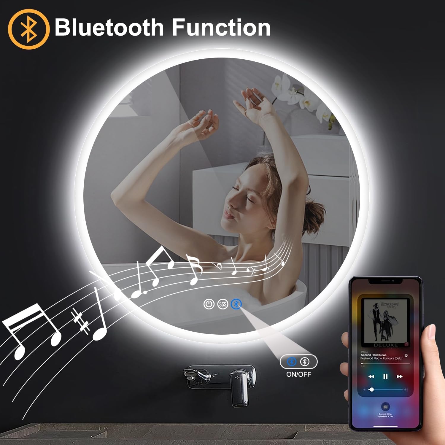 S·BAGNO 24’’ round Led Bathroom Mirror with Lights, Backlit and Front Lighted, Anti-Fog Wall-Mounted Vanity Mirror 3000K/4000K/6500K, Dimmable inside Bluetooth Speaker Smart Mirror