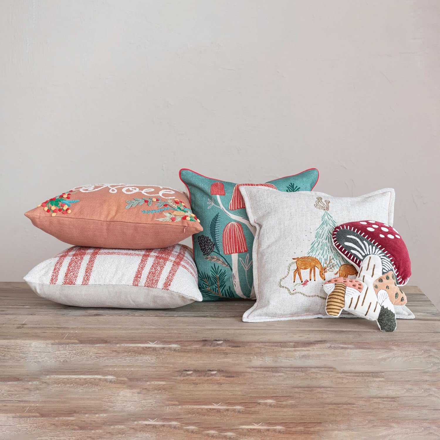 , Multicolor Square Cotton Pillow with Embroidered Botanicals Joyeux Noel