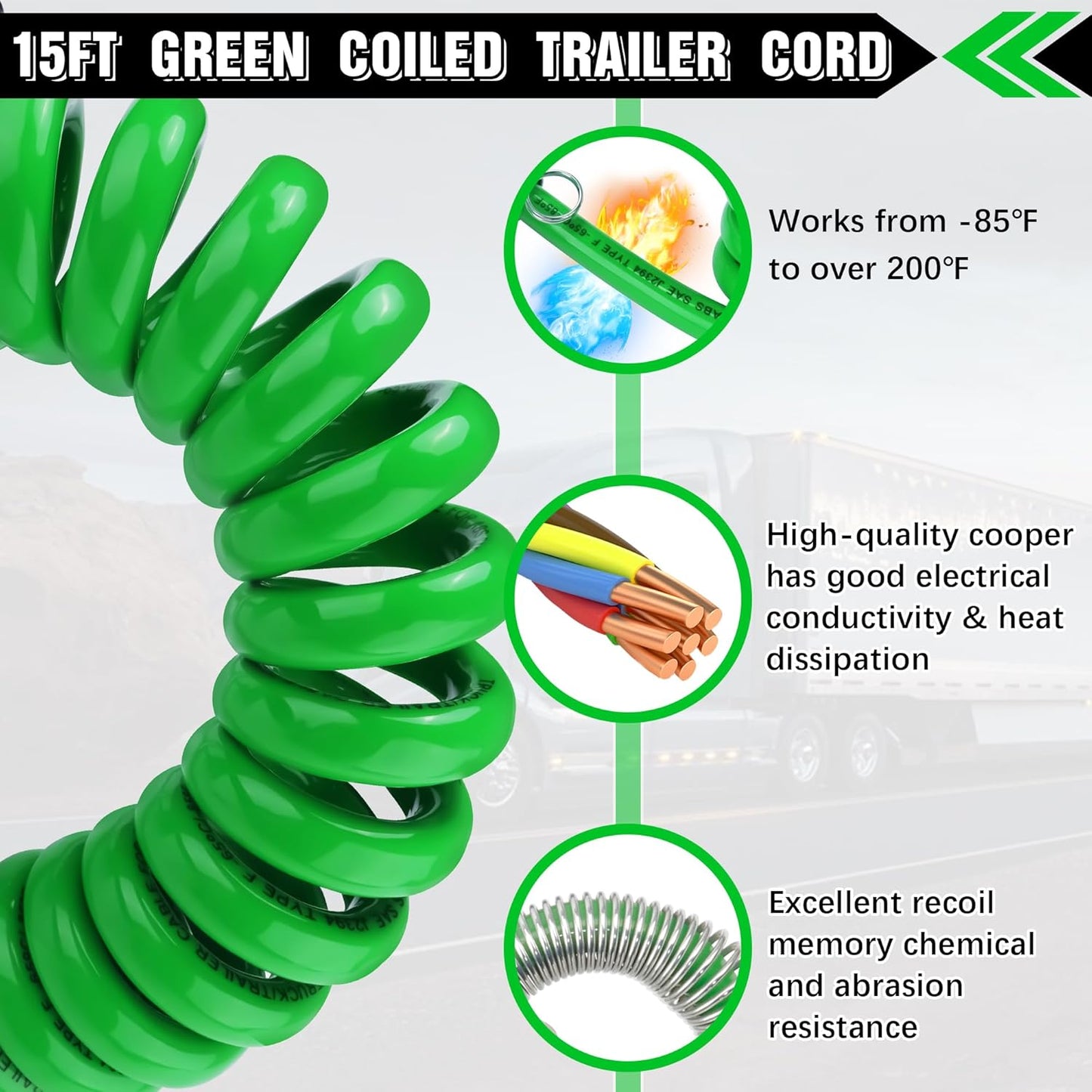 7 Way Coiled Cord 15 FT Green ABS Electrical Power Cords Coil Pigtail Power Wire Heavy Duty Cable for Semi Truck Trailer Tractors