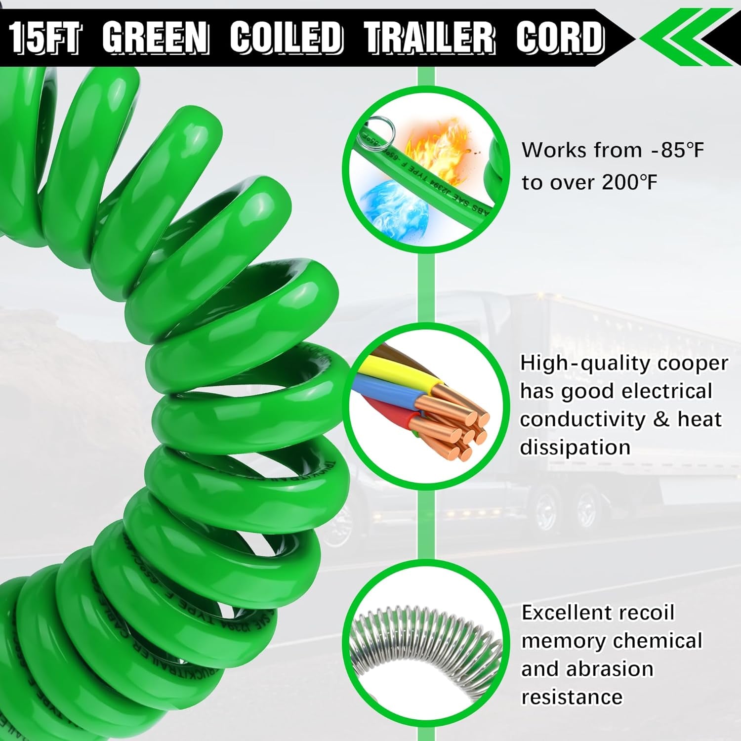 7 Way Coiled Cord 15 FT Green ABS Electrical Power Cords Coil Pigtail Power Wire Heavy Duty Cable for Semi Truck Trailer Tractors