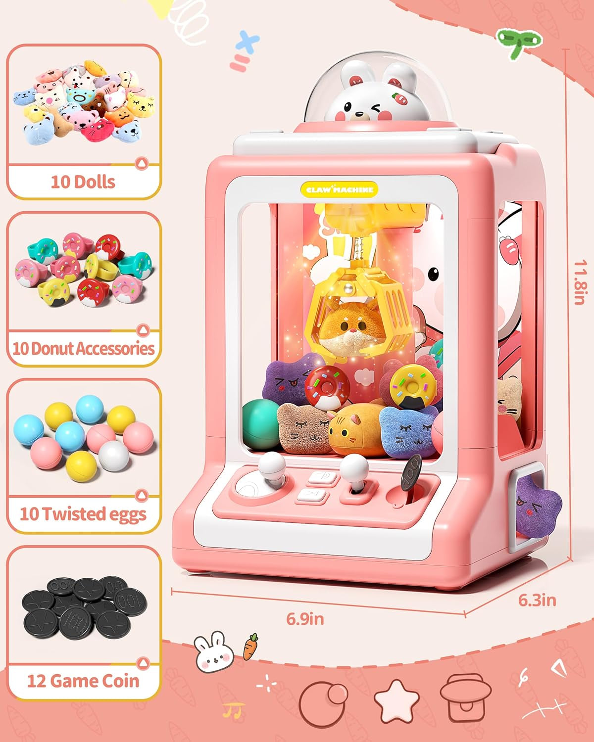 Rabbit Claw Machine for Kids, Mini Vending Machine with Game Coins & Music, Prize Dispenser Toys for Girls and Boys, Electronic Claw Game Machine for Party Birthdays, Includes 30 Mini Toys ZOUSA