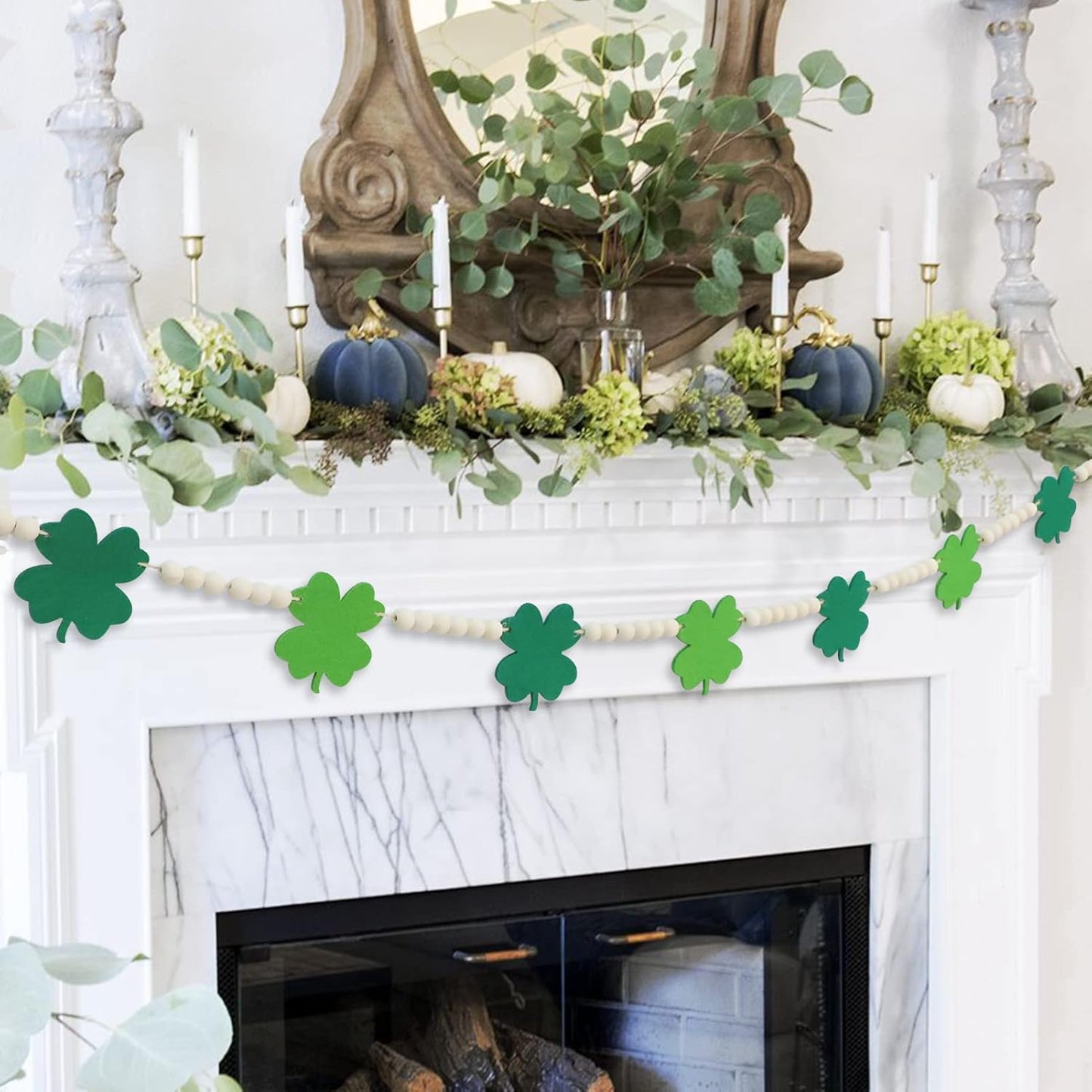 St. Patrick'S Day Decorations, Wood Bead Shamrock Garland for St. Patrick'S Day Decor, Lucky Felt Shamrock Garland for Mantel Wall Decor