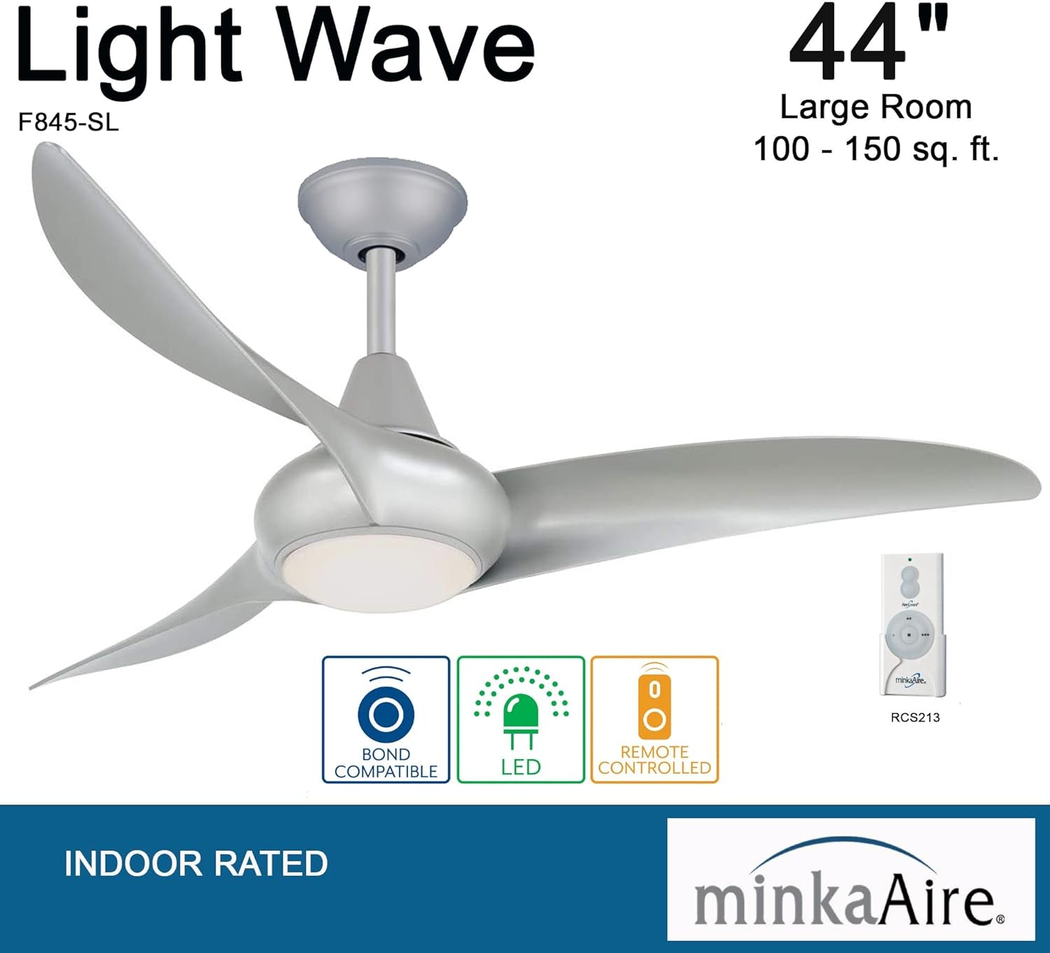 F845-SL Light Wave 44" Ceiling Fan with LED Light and Remote Control in Silver Finish