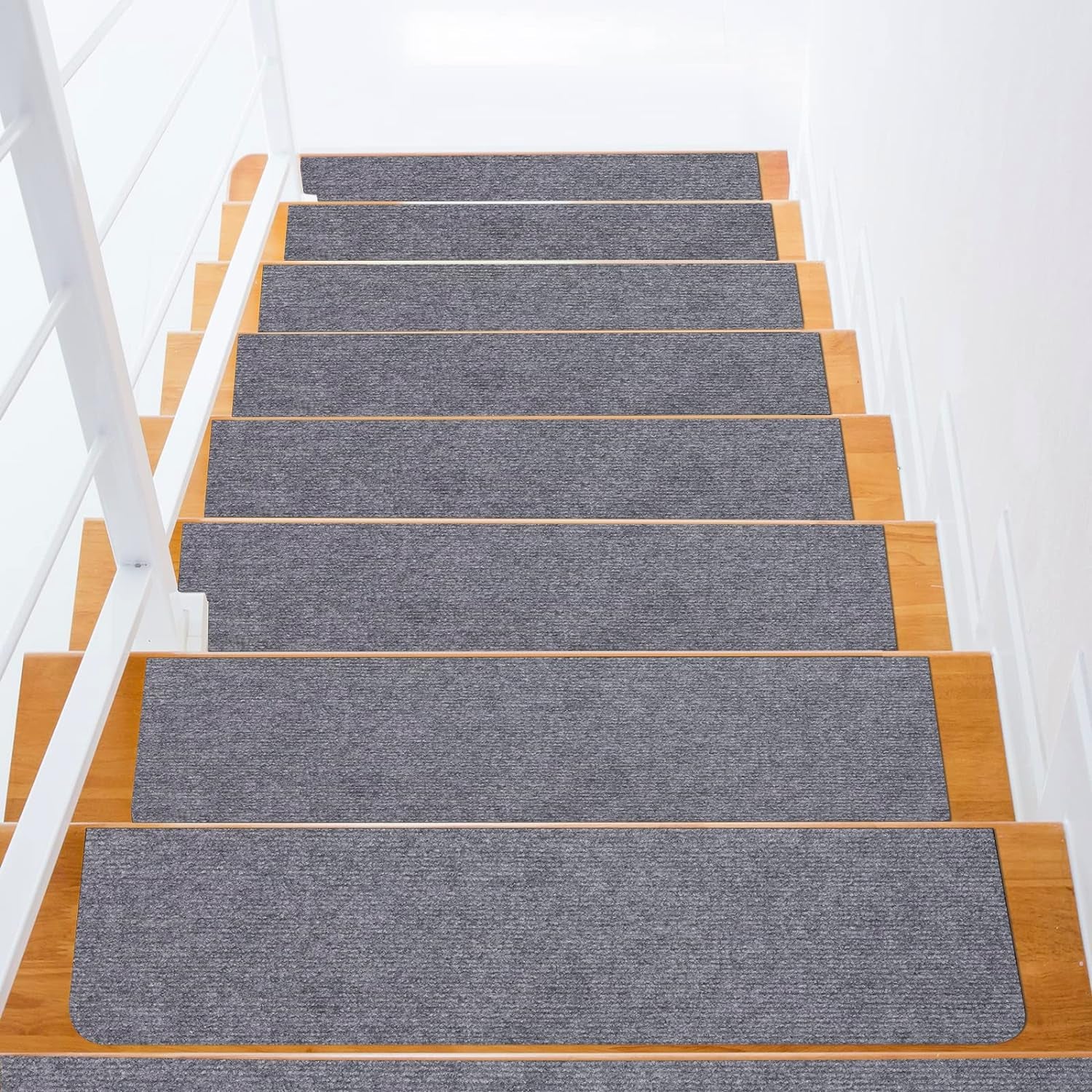 8X30In 15PCS Non-Slip Stair Treads Carpet, Self-Adhesive Stair Treads for Wooden Steps, Indoor Safety Staircase Step Treads, anti Slip Stair Runner Mats for Elders, Kids and Dogs (Light Grey)