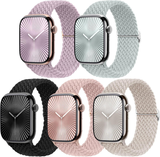 5 Pack Braided Stretchy Adjustable Straps Compatible for Apple Watch Band 38Mm 40Mm 41Mm 42Mm 44Mm 45Mm 46Mm 49Mm for Women Men ,Sport Elastic Nylon Cloth Wristbands for Iwatch Series 10 9 8 SE 7 6 5 4 3 Ultra 2/1(Succulent,38)