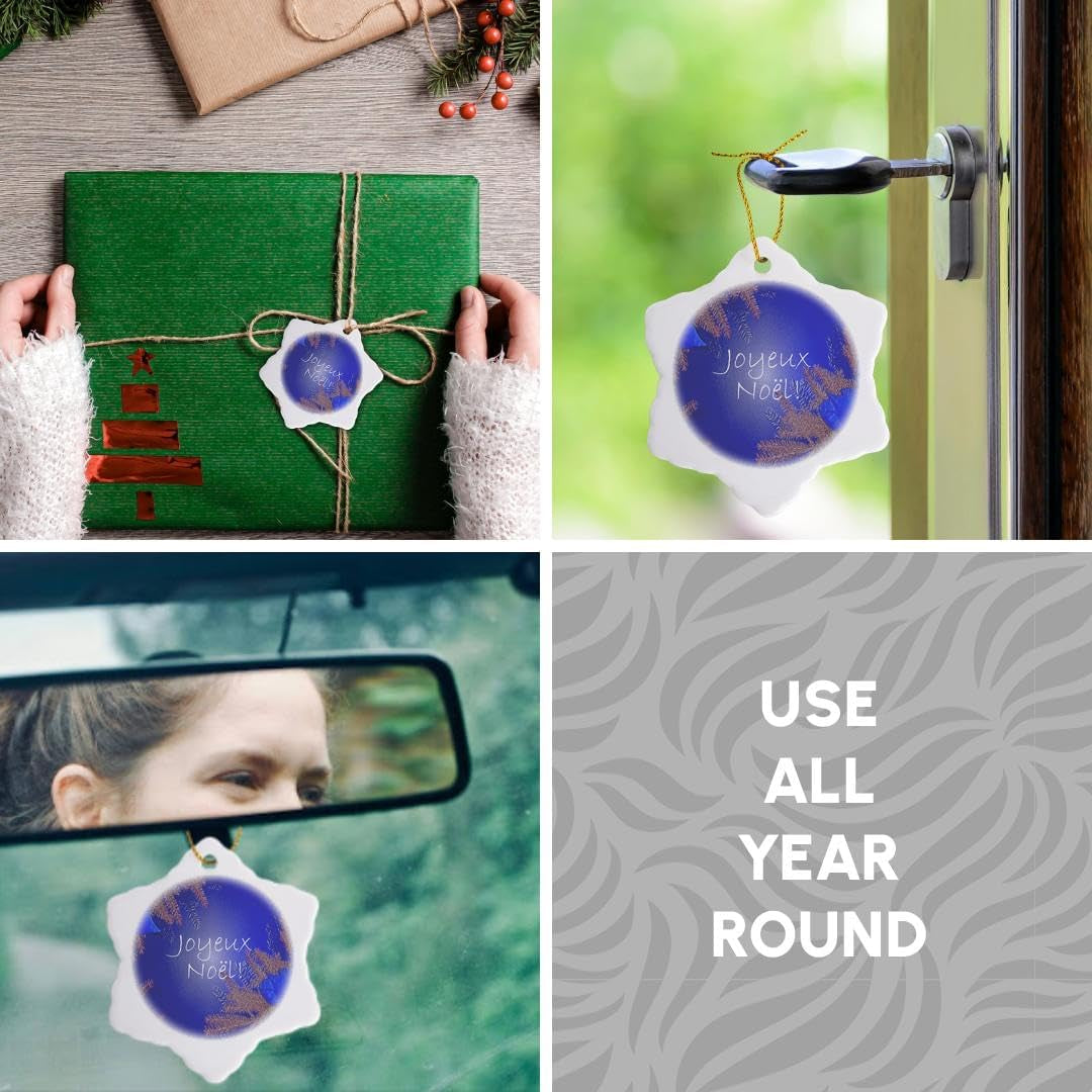 Orn_8673_1 Christmas Poinsettia Joyeux Noel in Blue Porcelain Snowflake Ornament, 3-Inch