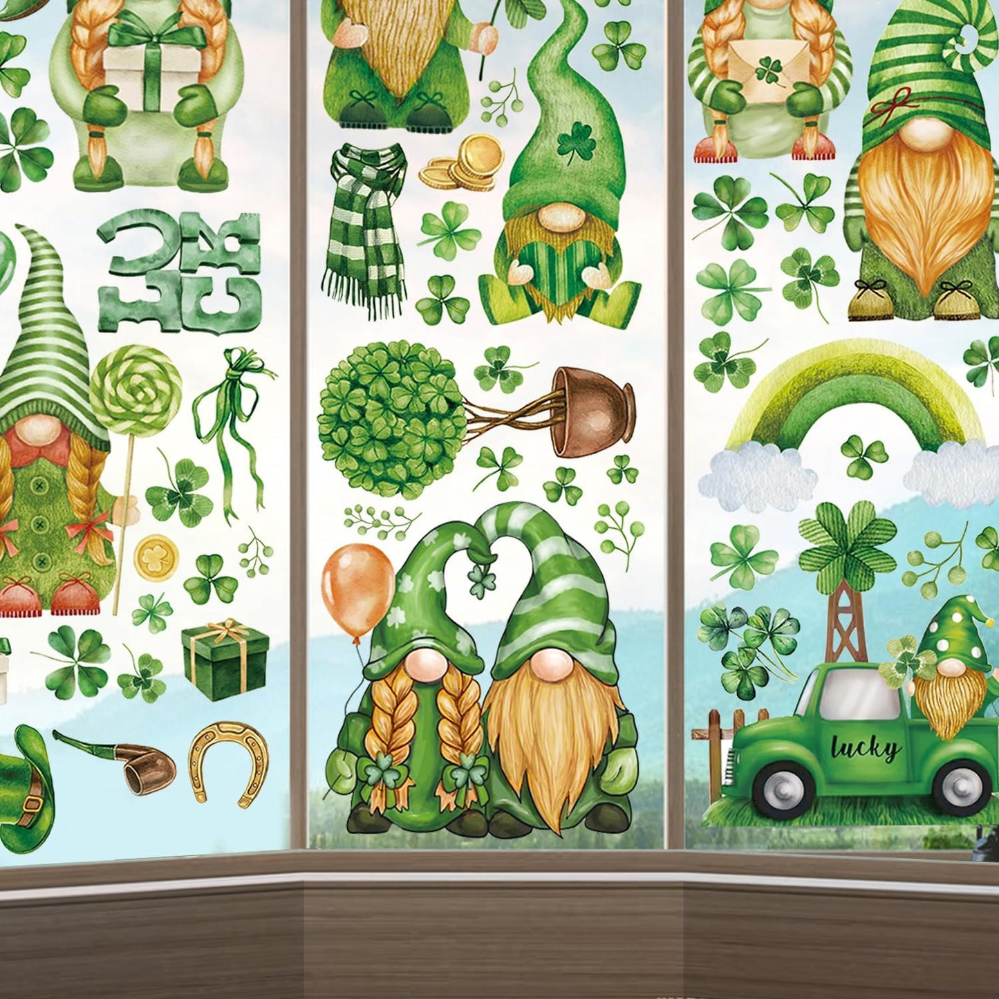 9 Sheets St. Patricks Day Window Clings, Double Sided Green Gnome Shamrock Truck Pattern Window Decals,St Patricks Day Decorations Window Clings for Irish Lucky Day Home Office Party Decor