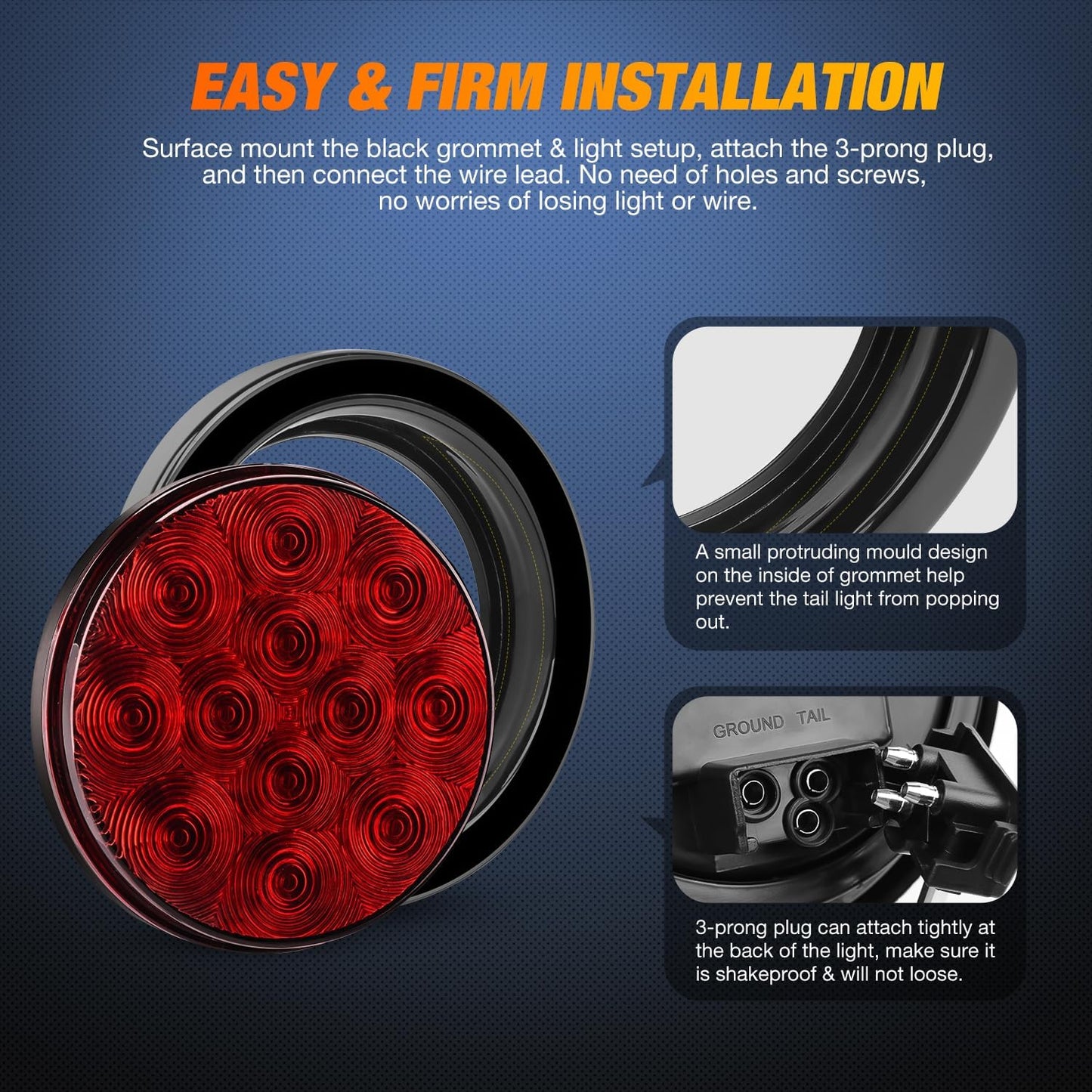 - TL-18 2PCS 4" round Red LED Trailer Tail Lights W/Surface Mount Grommet Plugs IP67 Stop Brake Turn Tail Lights for Truck Trailer RV Jeep