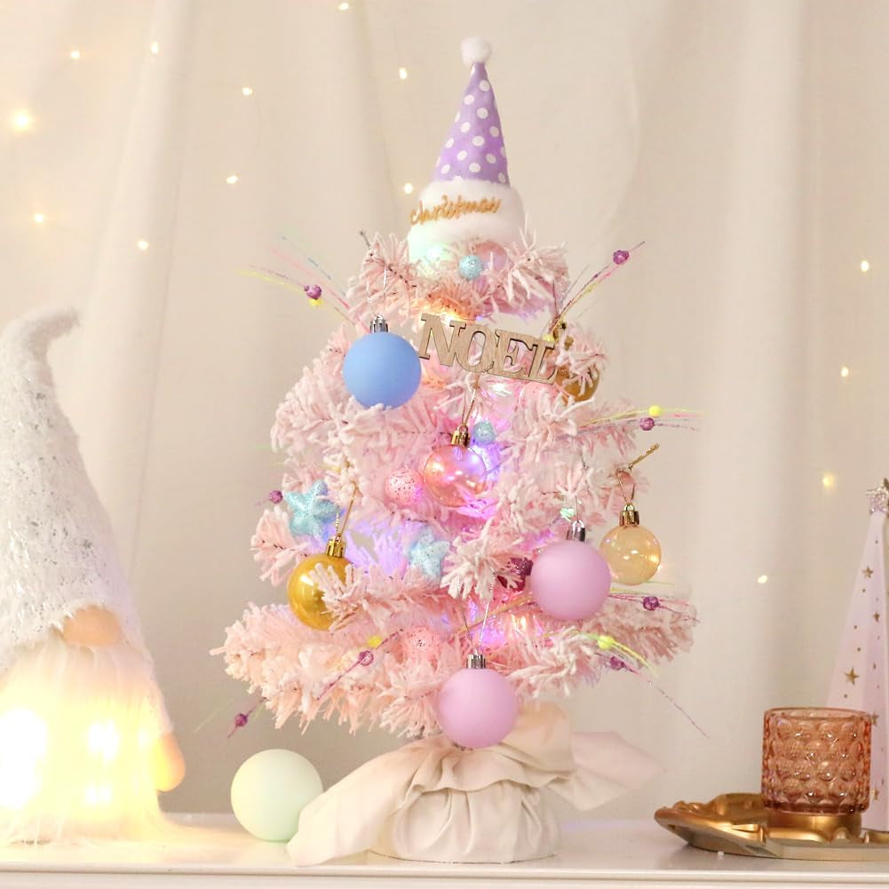 Mini Christmas Tree, 22 Inch Artificial Flocked Tabletop Xmas Trees with Noel Sign Christmas Ball Ornament and Treetop Decor for Home Office Desk Holiday Party Indoor Decoration- Light Pink