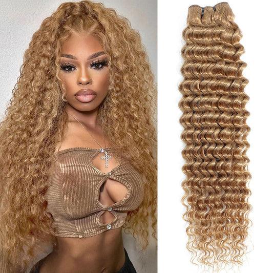 Honey Blonde Deep Wave Bundles Human Hair Color #27 Brazilian Human Hair 1 Bundle 12A Blonde Wet and Wavy Human Hair Bundles for Women 16 Inch Colored Wet and Wavy Human Hair Bundles