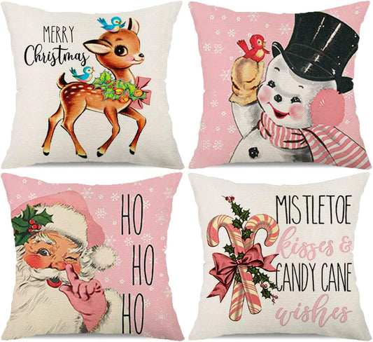 Pink Christmas Decorations Pillow Covers 18×18 Set of 4 Snowflake Santa Snowman Deer Bird Candy Cane Xmas Winter Holiday Throw Pillows Christmas Decor Cushion Cases K031 (18"X18", Pink)