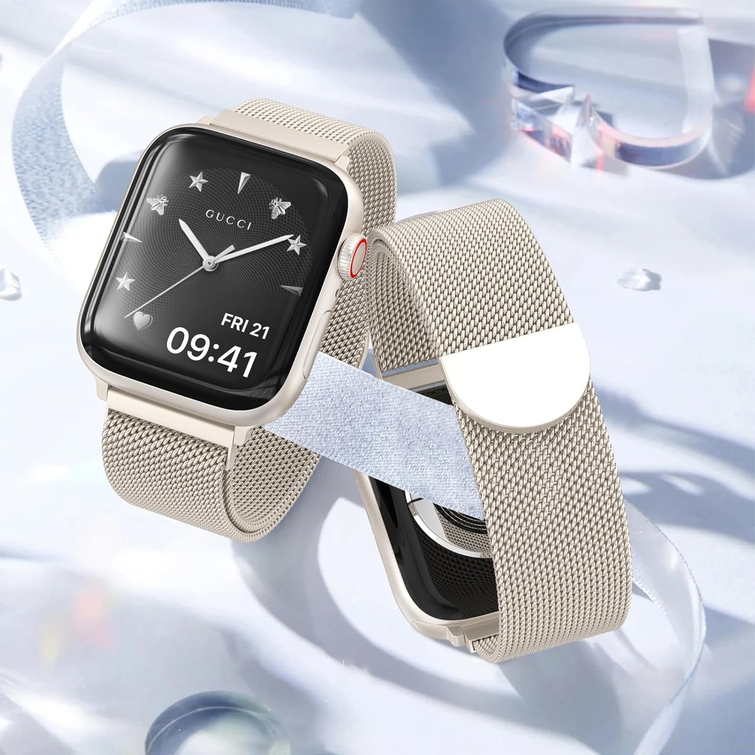 2 Pack Stainless Steel Mesh Loop Compatible with Apple Watch Band 38Mm 40Mm 41Mm 42Mm Series 10 Women Men, Magnetic Clasp Replacement Strap for Iwatch -Rose Gold+ Starlight