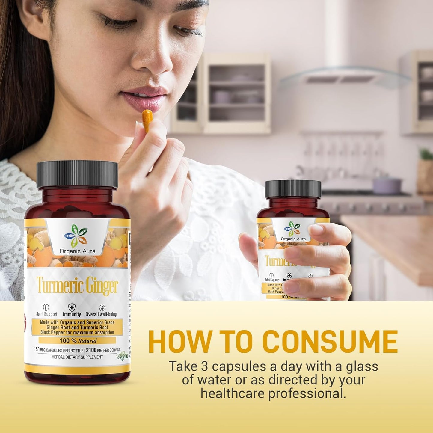 Turmeric Curcumin and Ginger Capsules -150 Veg Max Strength Pure High-Potency Curcumin and Zingiber Officinale. Supports Joints, Mobility, and Flexibility. TLBH