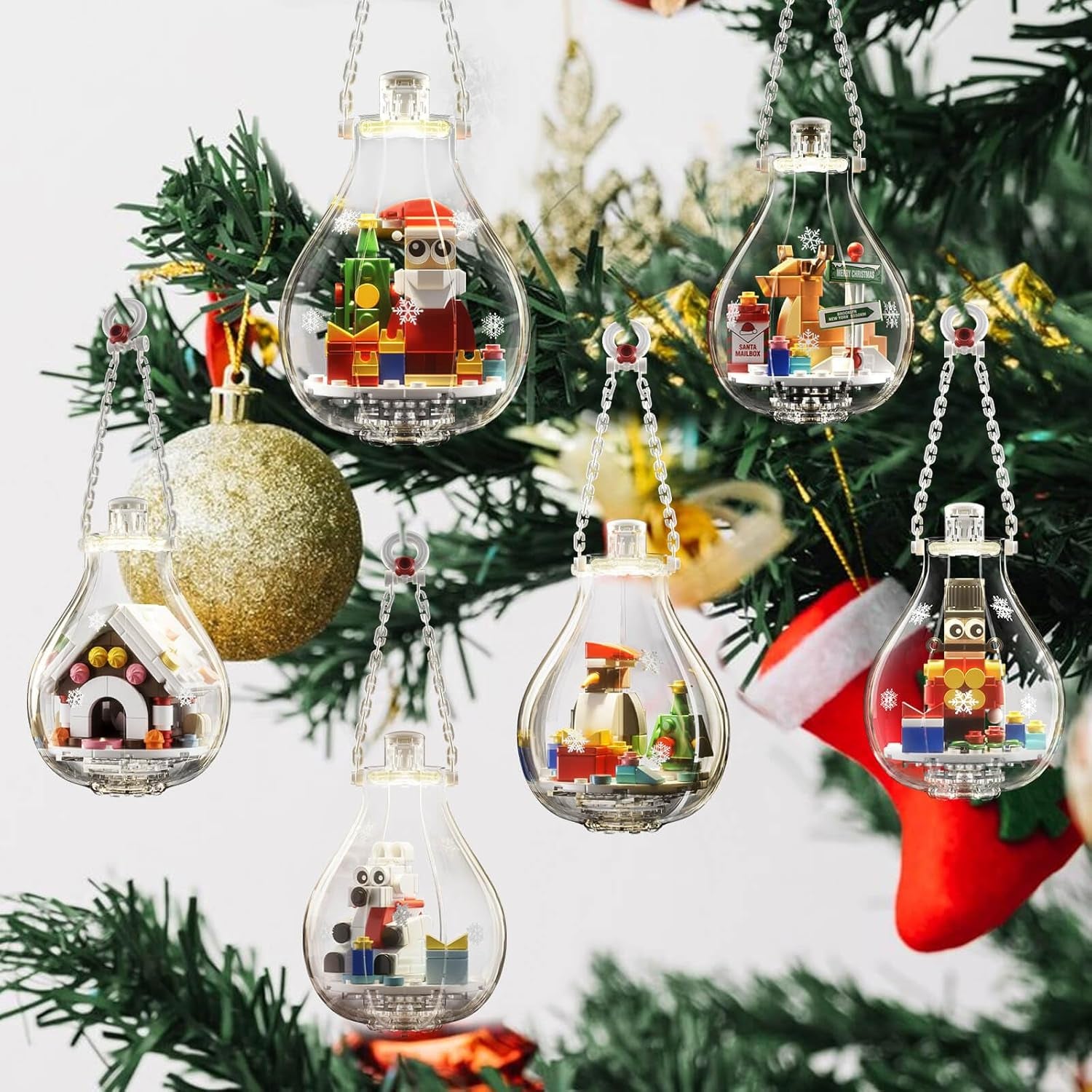 Christmas Ornaments 2024 Building Set, Ornament for Christmas Tree with Light, Xmas and Thanksgiving Holiday for Gifts, Gingerbread Houses, Santa, Reindeer, Polar Bears, Soldiers and Penguin (647 Pcs)
