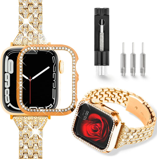 Siver Diamond Band with Case for Apple Watch 38Mm 40Mm 41Mm 42Mm 44Mm 45Mm and Iwatch Series 8 SE2 7 SE 6 5 4 3 2 1, Bling Rhinestone Metal Bracelet Strap Bumper Cover, Womens Dressy Glitter Jewelry