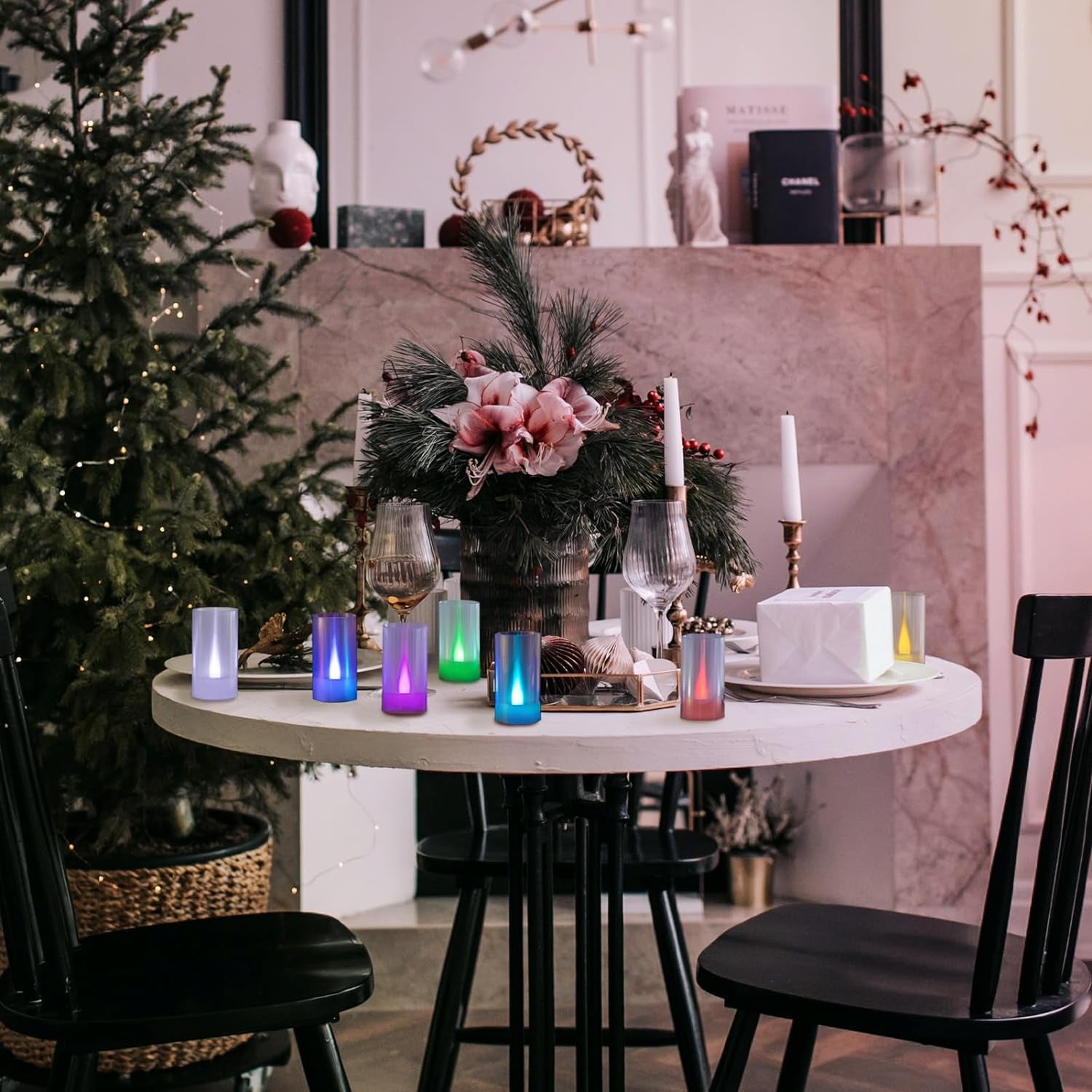 Flameless Candles, Battery Operated LED Pillar Candles, D1.5 X H3 Inch, 7 Color Changing Long Flame-Effect, Romantic Electronic Fake Votive Candles, Set of 12 (Color Changing)