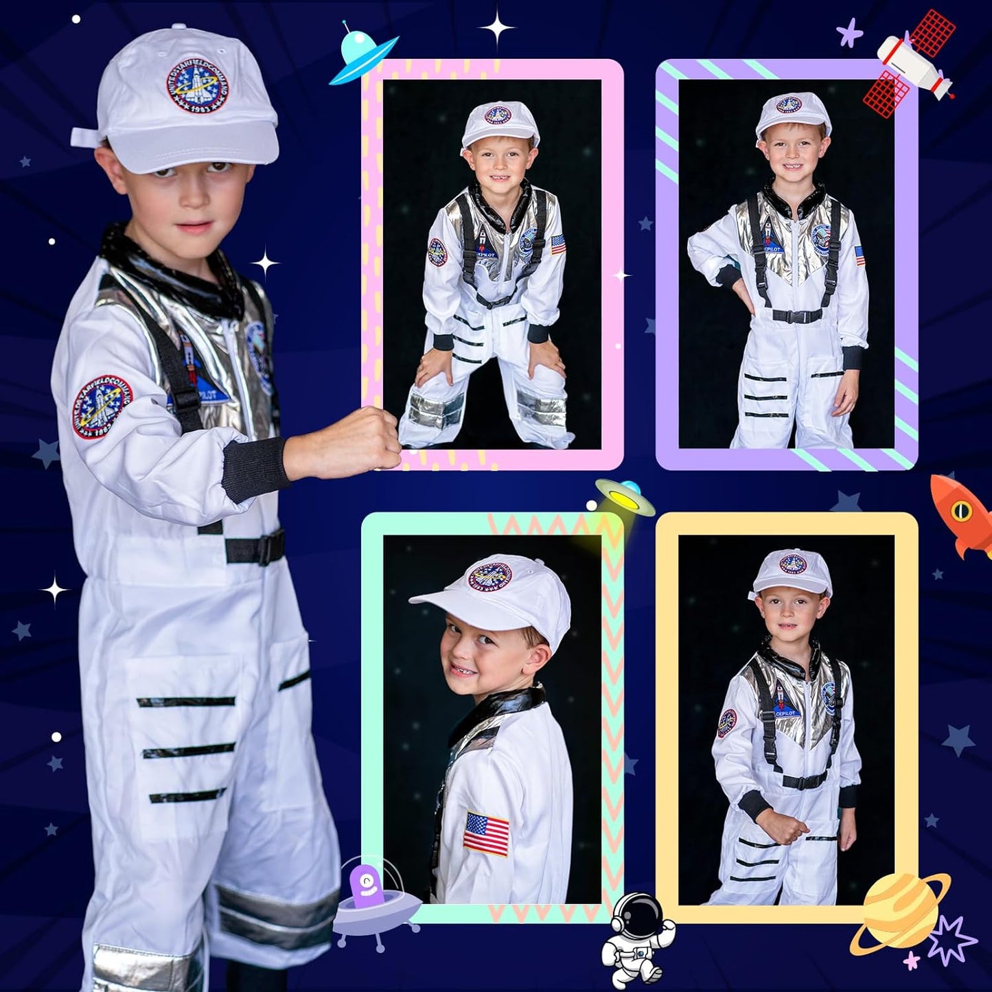 Halloween Astronaut Costume for Kids with Cap, Space Costume for Boys Girls Toddler 3-10 Pretend Role Play Dress Up