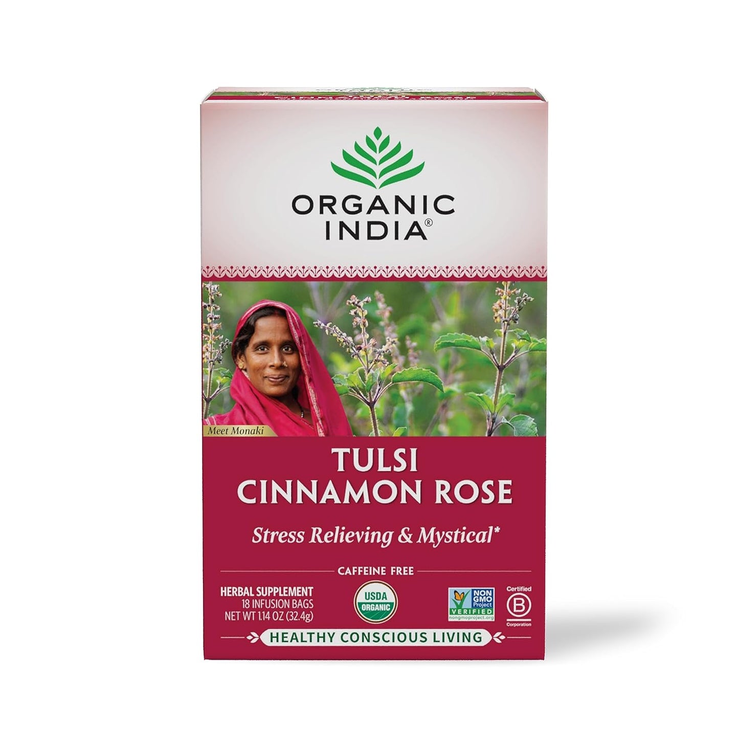 Tulsi Green Tea Bags - Holy Basil Tea, African Basil, Stress Relieving, Immune Support, USDA Certified Organic, Premium Darjeeling Green Tea, Caffeinated - 18 Infusion Bags, 1 Pack TLBH