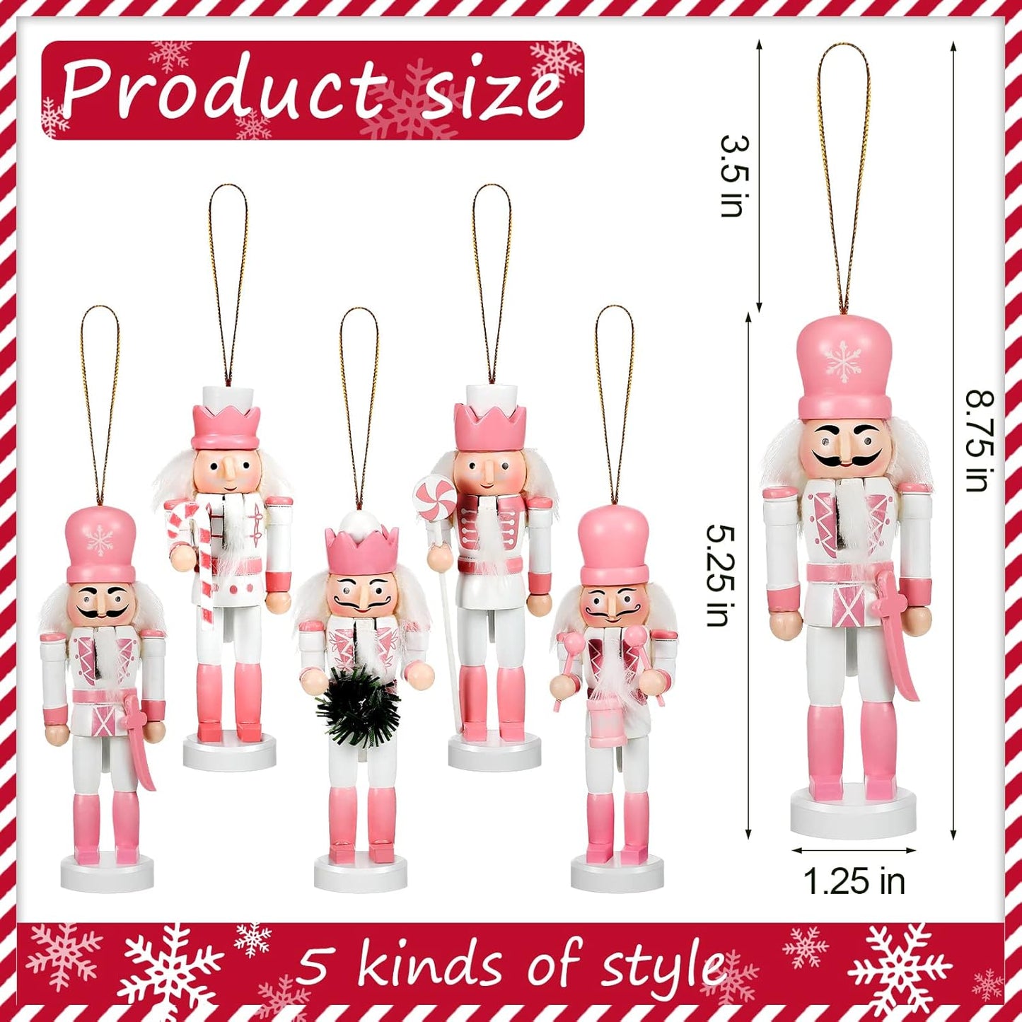 5 Pcs Christmas Nutcracker Ornaments Pink Wooden Nutcracker Hanging Decorations 5 Inch Soldier Nutcracker Figures Christmas Table Decoration Gift for Christmas Tree Holiday Party